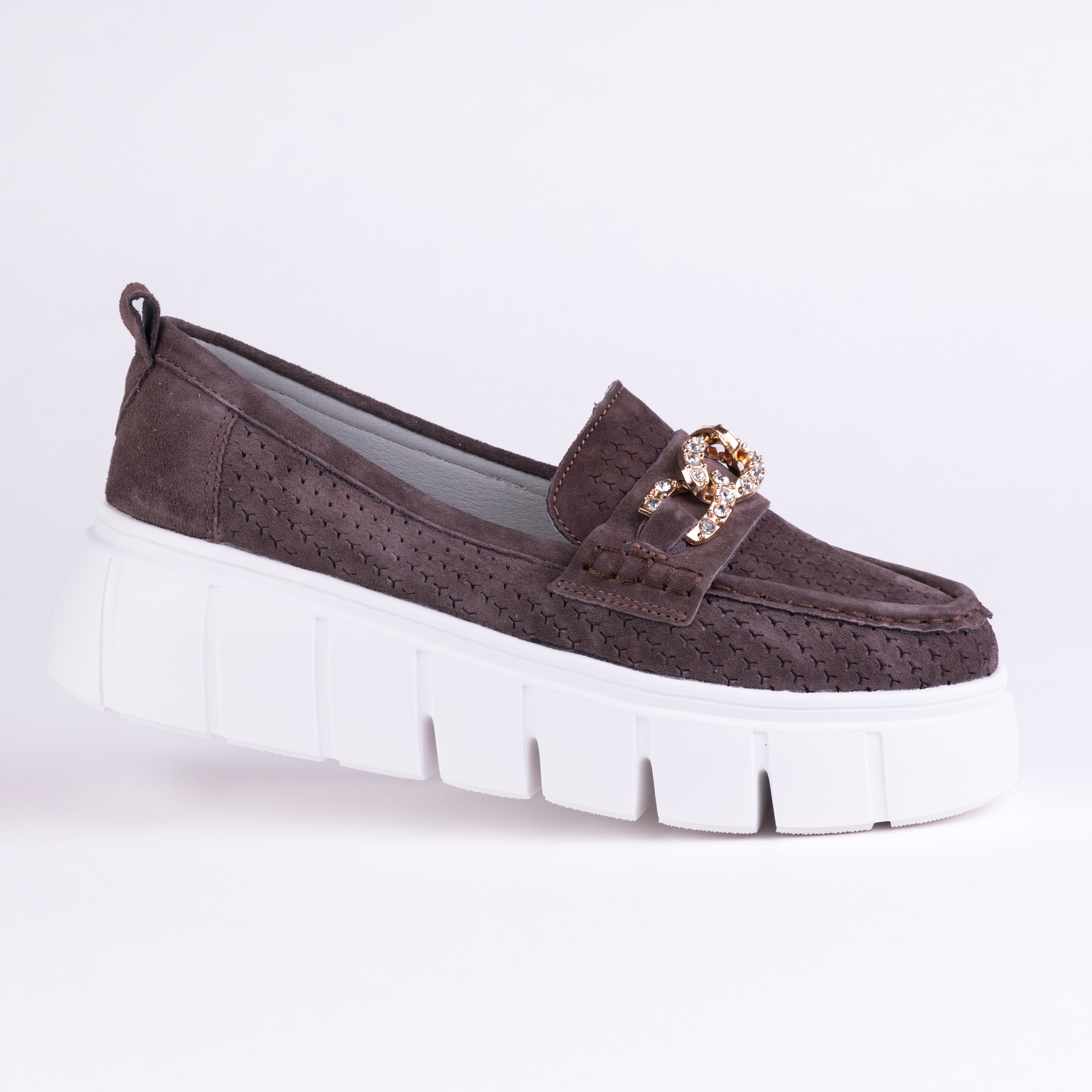 Dámské ažurové mokasíny Goodin GD-FT-127 kůže semiš ažurová lehká hnědá 39