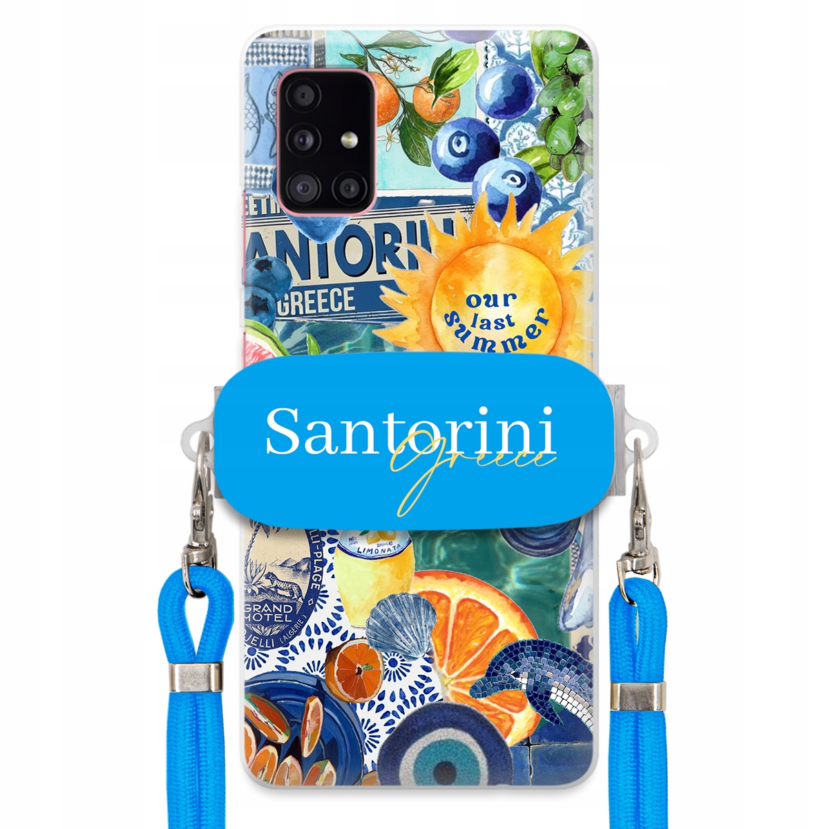 Pouzdro pro Samsung A51 5G Modré Crossbody vodítko držák Santorini Greece