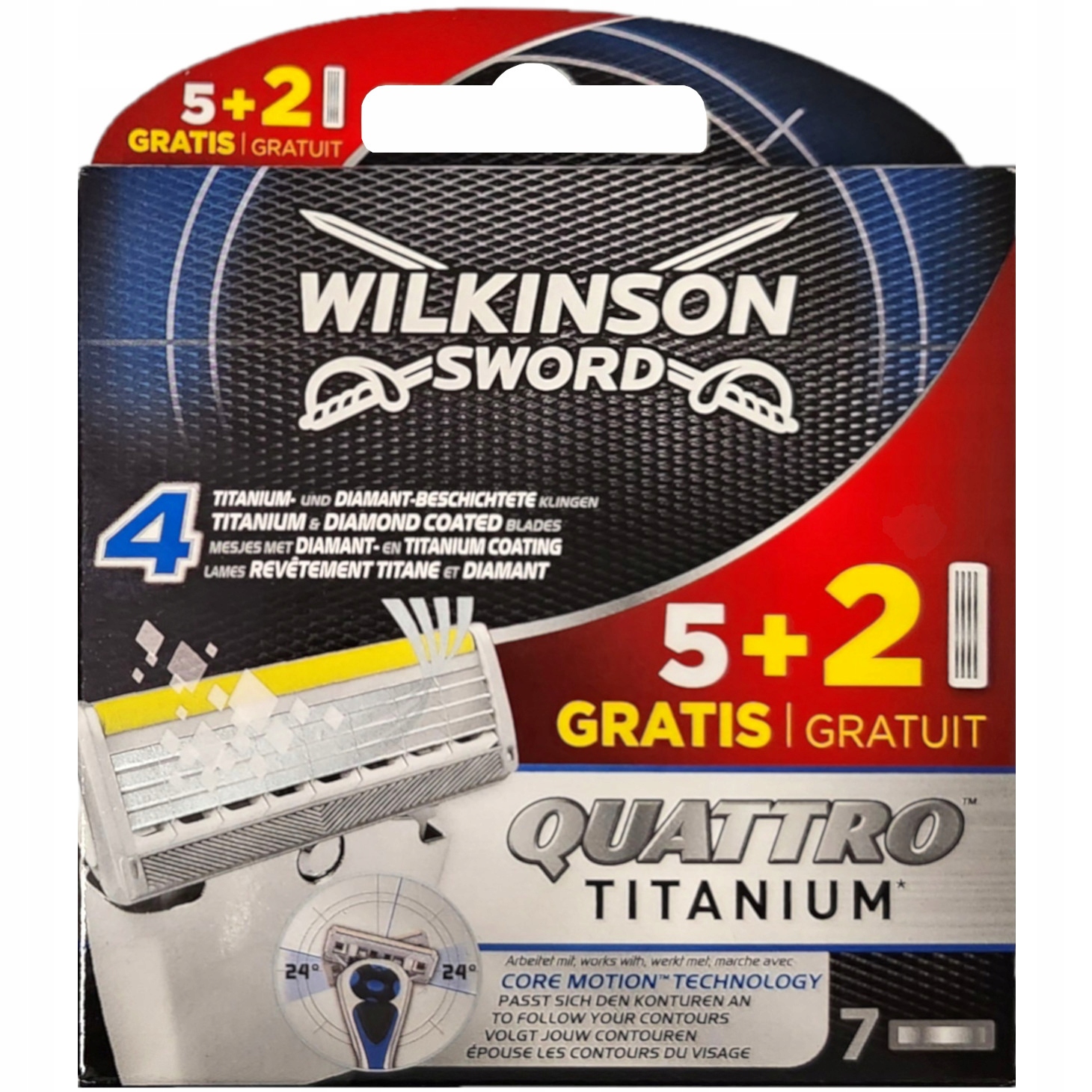 7x Wkłady Nożyki WILKINSON Quattro TITANIUM Core Motion EAN (GTIN) 4027800889600