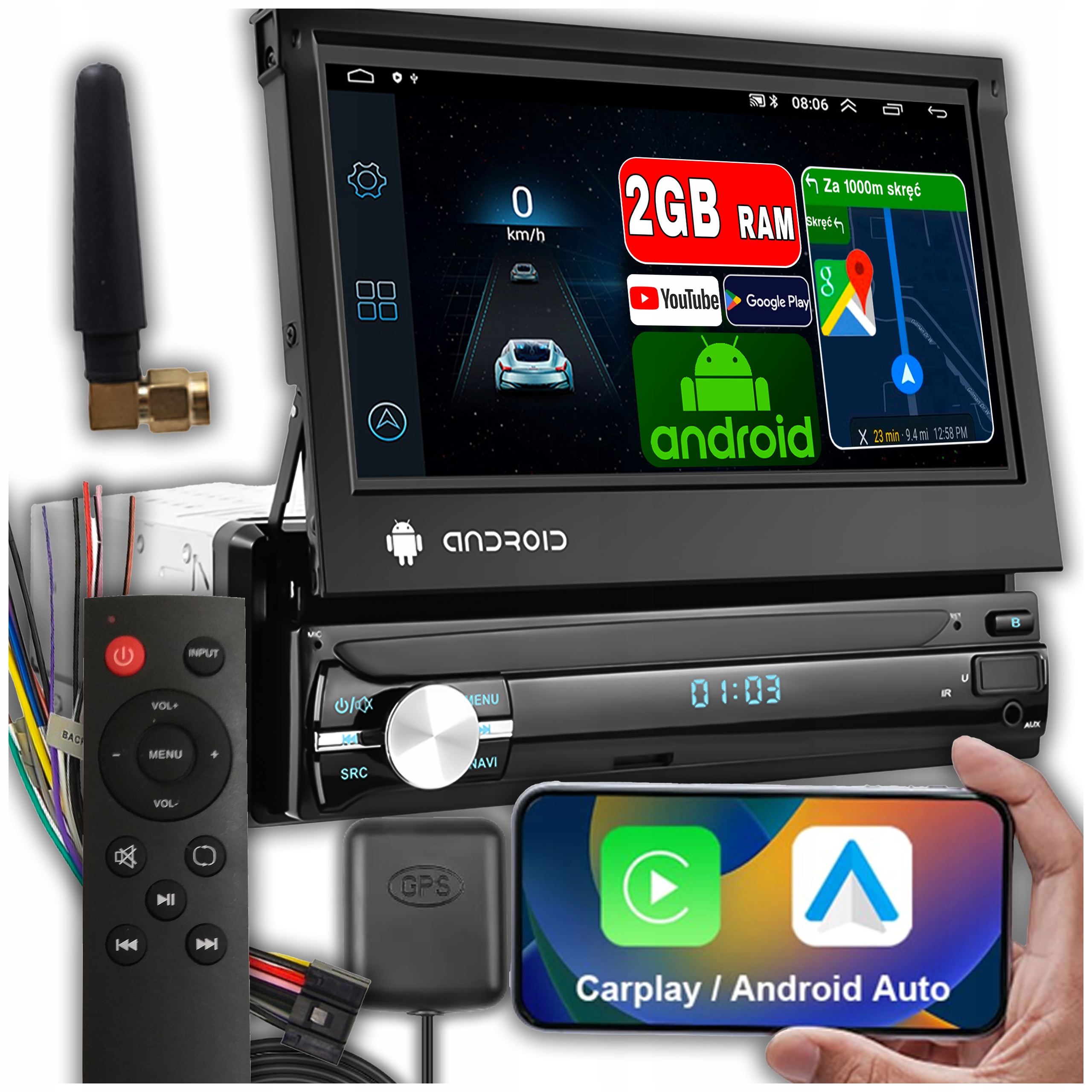 Automobilové rádio 1 Din Android Gps Usb WiFi Výsuvný displej CarPlay Aux 2GB