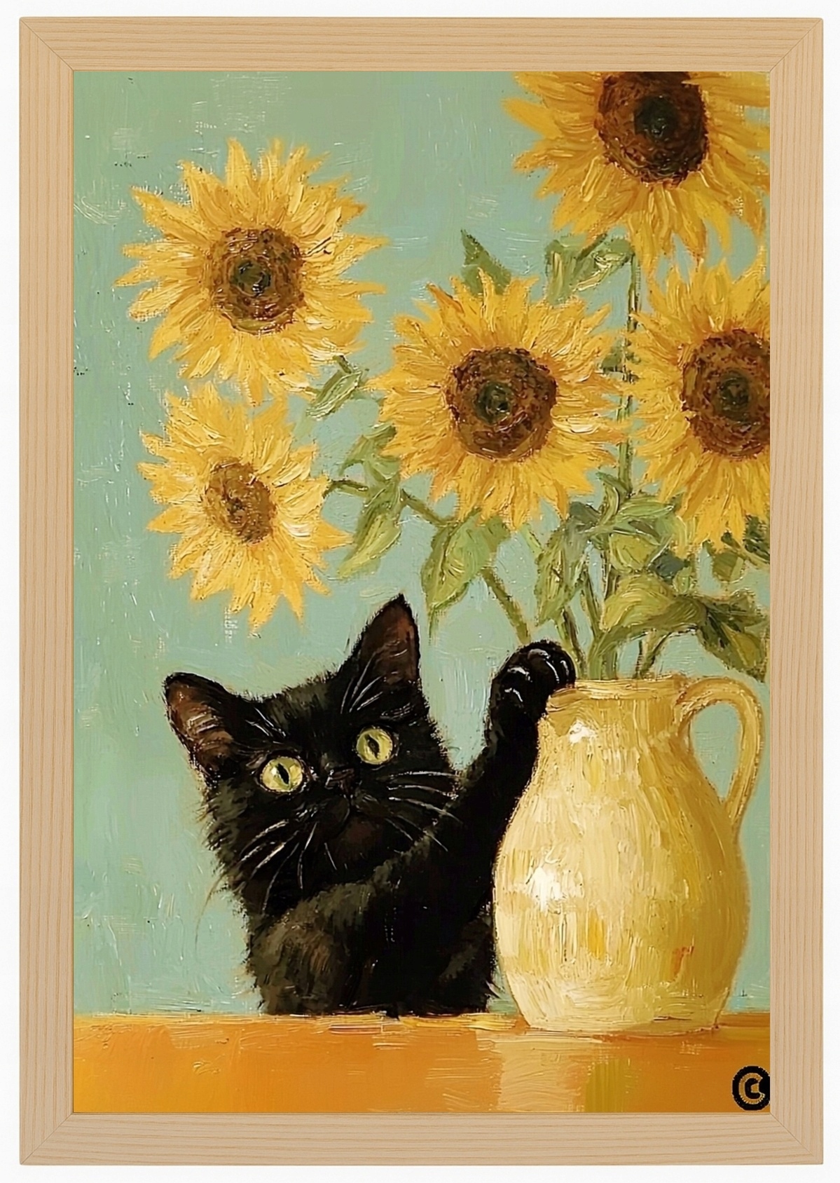 Plakát Rámeček Dřevo Černá Kočka Žluté Slunečnice Van Gogh 62x93