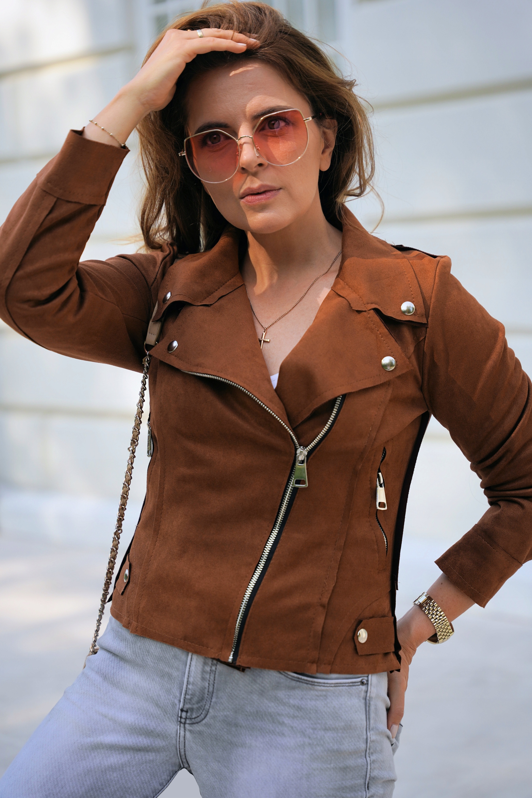 KURTKA RAMONESKA ZAMSZOWA SREBRNE ZAMKI CAMEL M Rękaw długi rękaw