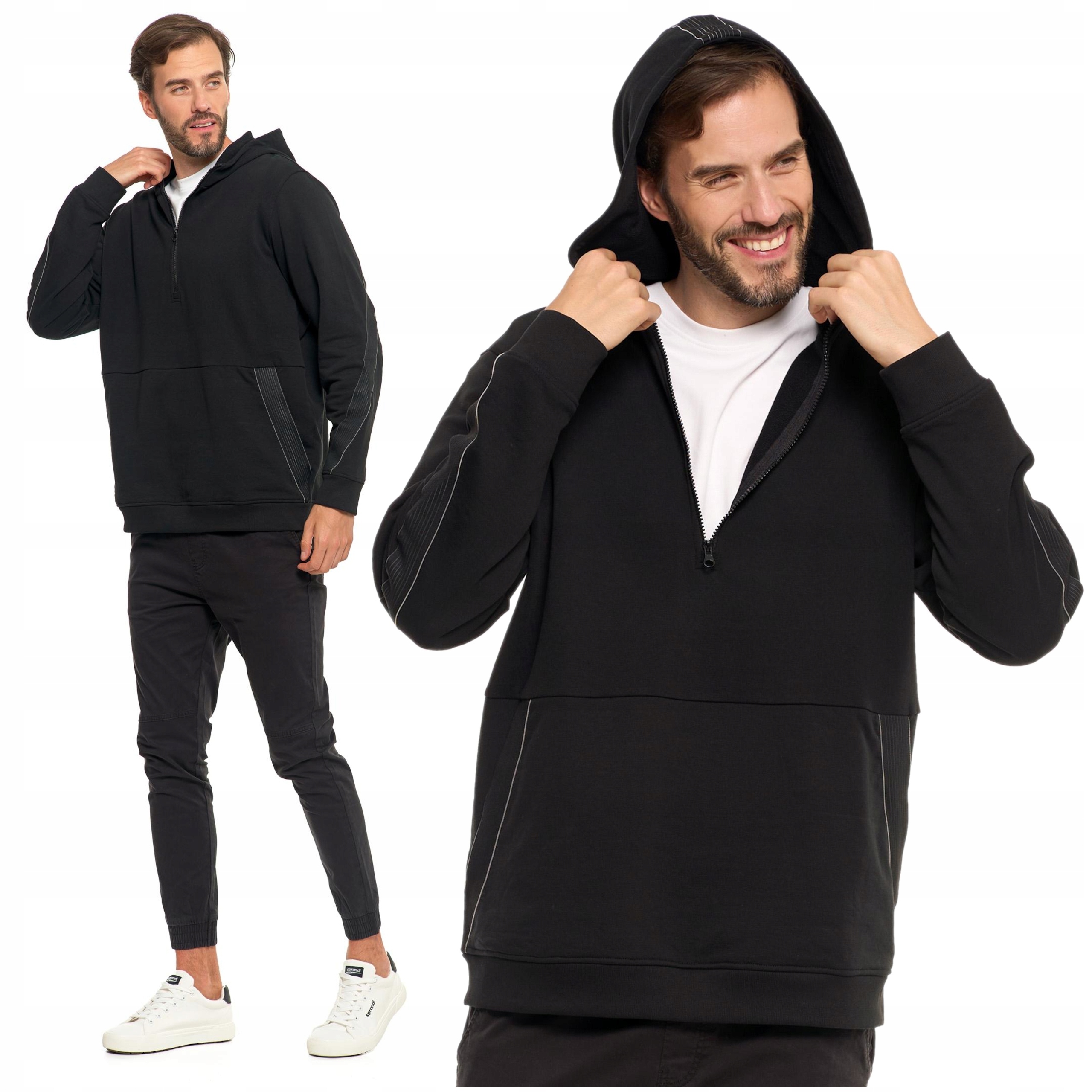 Pánská rozepínací mikina do poloviny s kapucí Černá Bavlněná Moraj M