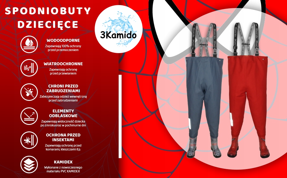 Spodniobuty dziecięce 3Kamido, wodery, spodniobutki, SPIDER czerwone r. 30 Bohater / Bajka Inny