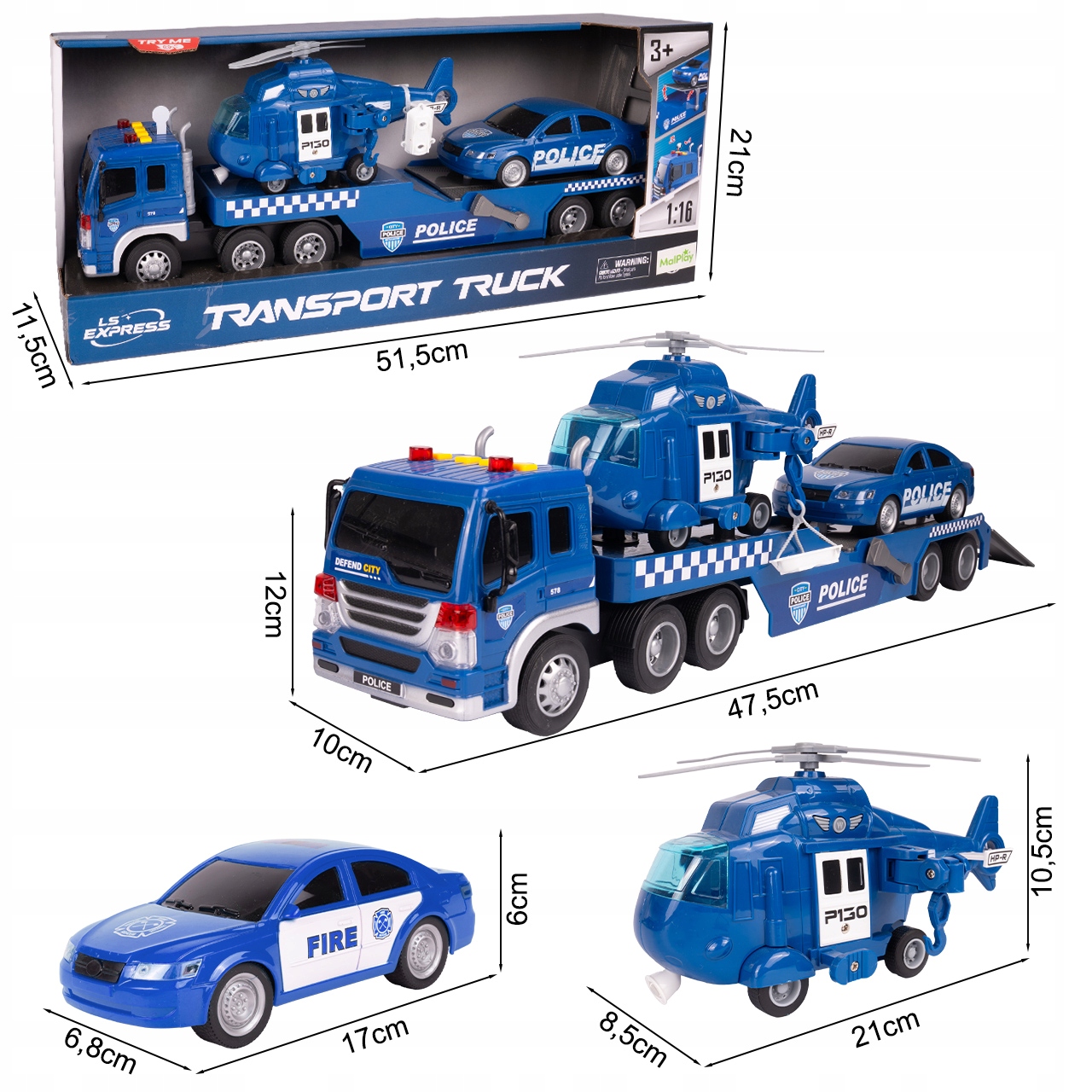 LAWETA POLICYJNA 1:16 ŚWIATŁO DŹWIĘK RUCHOME ELEMENTY HELIKOPTER AUTO Stan opakowania oryginalne