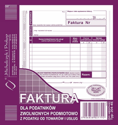 

Druk faktura dla zwolnionych z podatku 204-4E