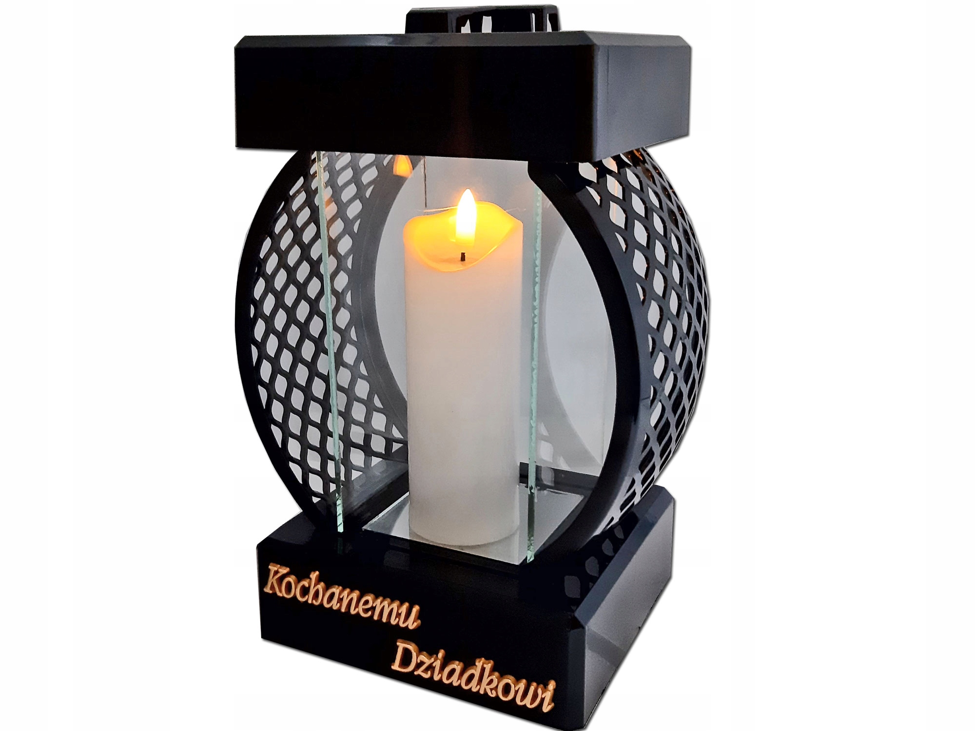 DZIADEK DZIADKOWI ZNICZ LAMPION KOŁO RTN GŁADKI CZARNY+ŚWIECA LED