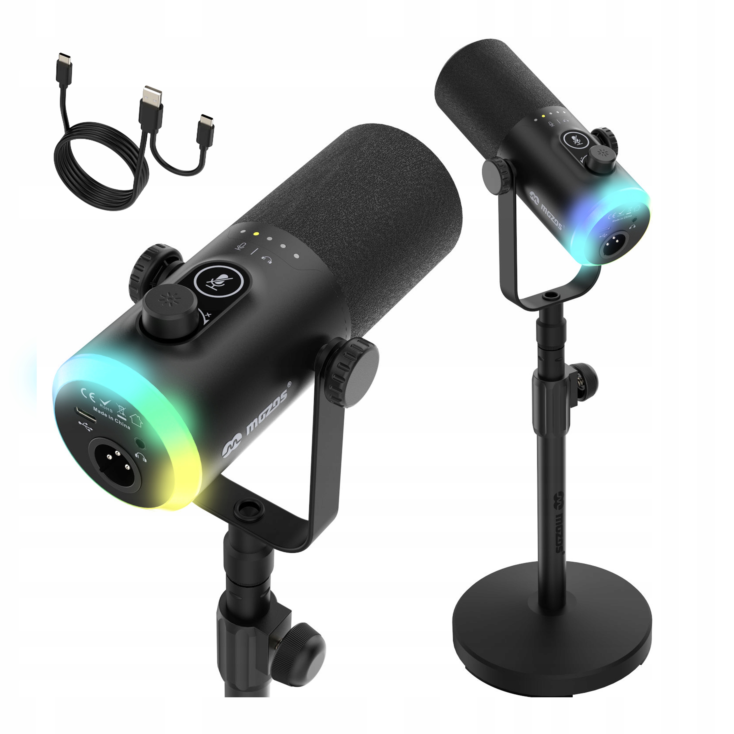 Mikrofon Do Komputera Usb-c Xlr Led Rgb Statyw Biurkowy Mozos Gm-one-bk