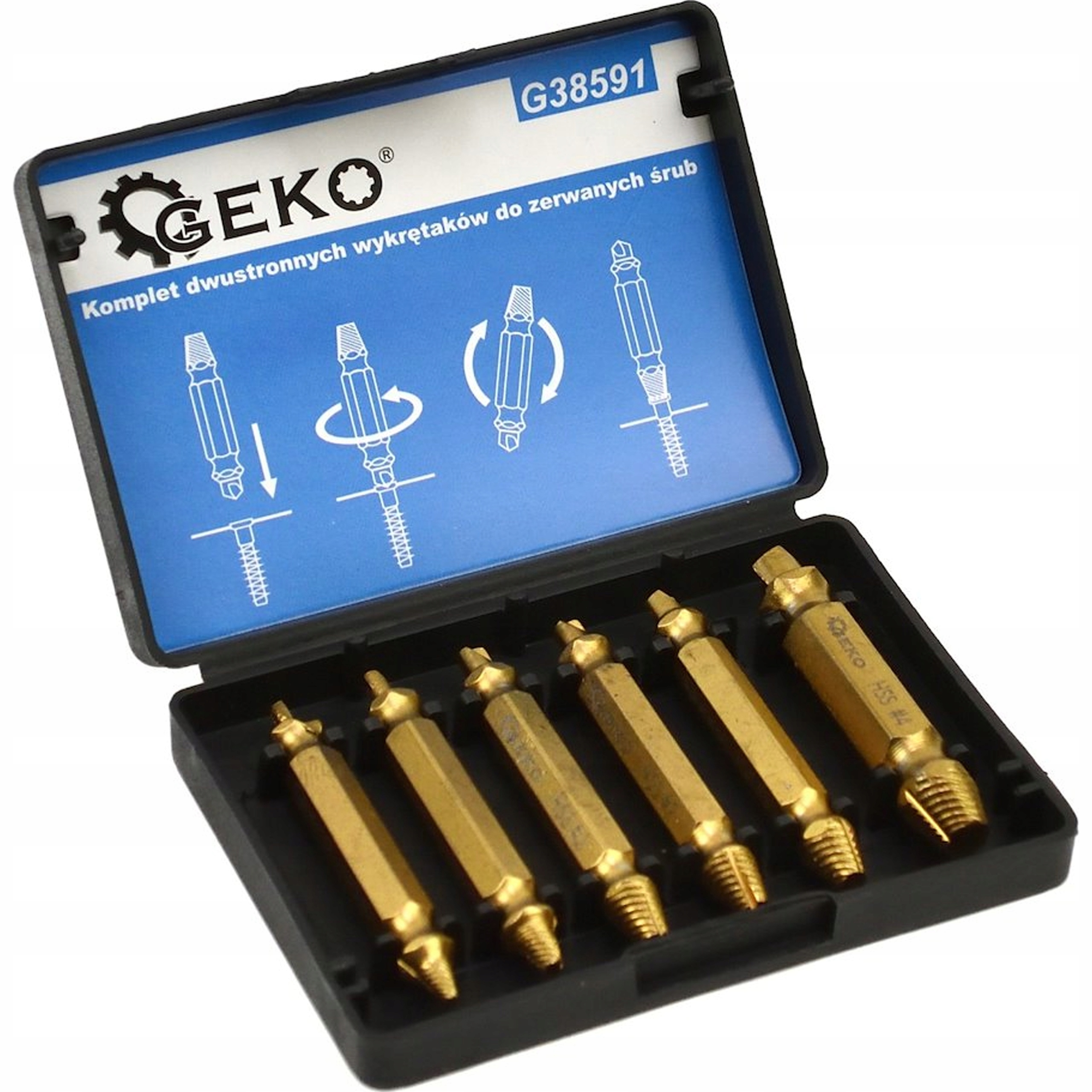 Dwustronne wykrętaki do zerwanych śrub 6szt Hss TiN Geko