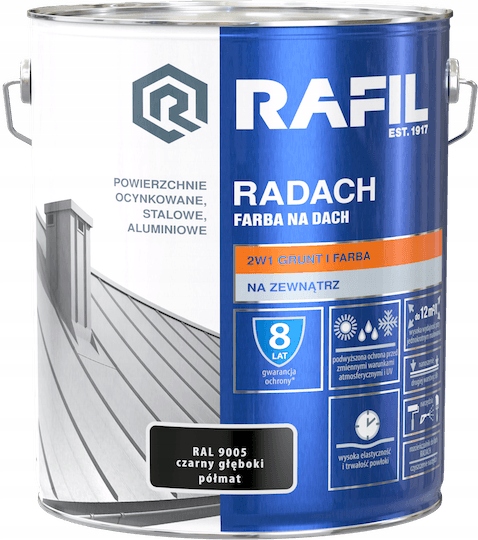 RAFIL RADACH FARBA NA DACH CZARNY GŁĘBOKI RAL9005 PÓŁMAT 10L