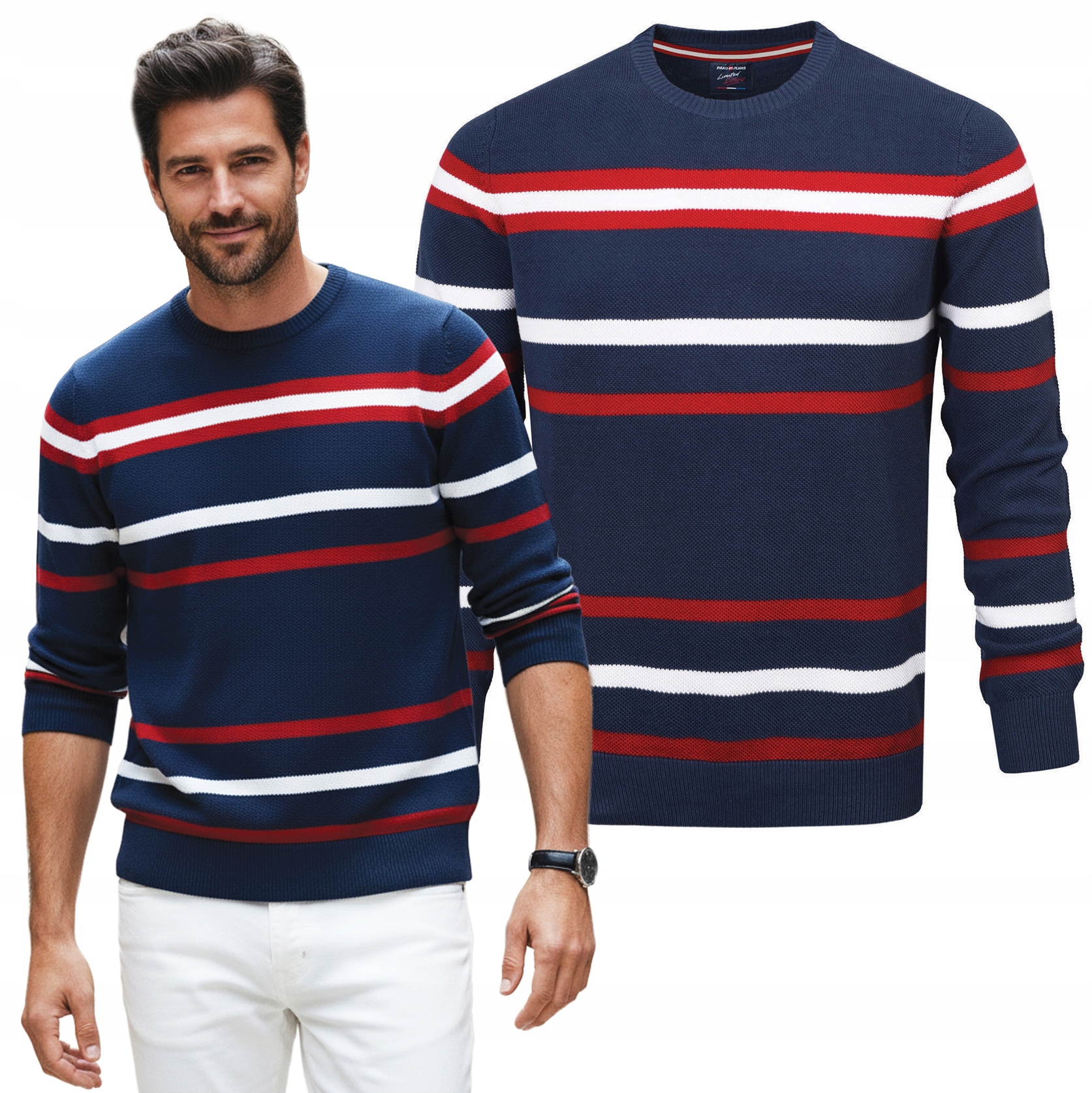 Elegantní Pánský Svetr Námořnická Modrá s proužky, klasický bavlněný, velikost L, Pako Jeans