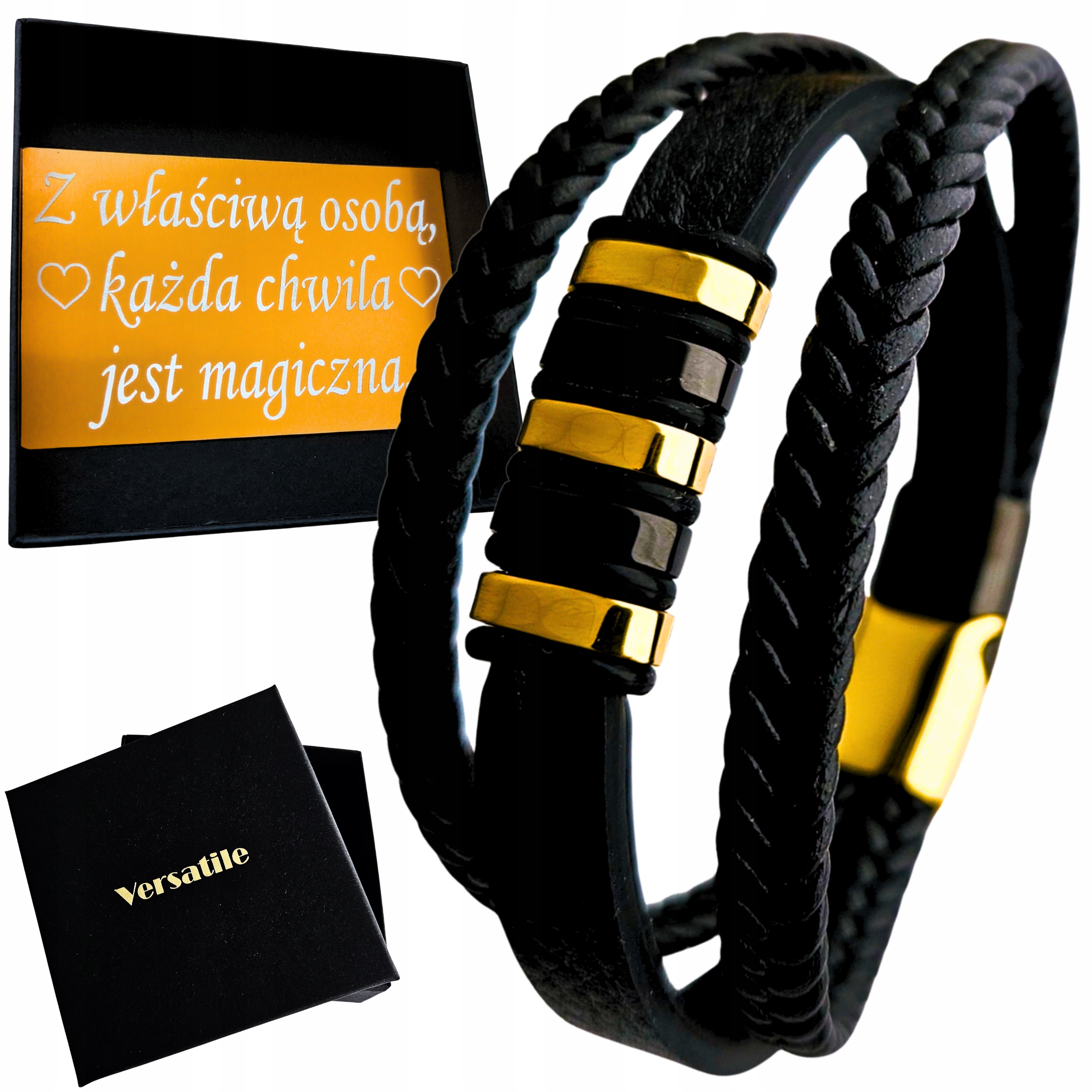 Bransoletka męska skórzana potrójna Złoto-czarna Urodziny Imieniny