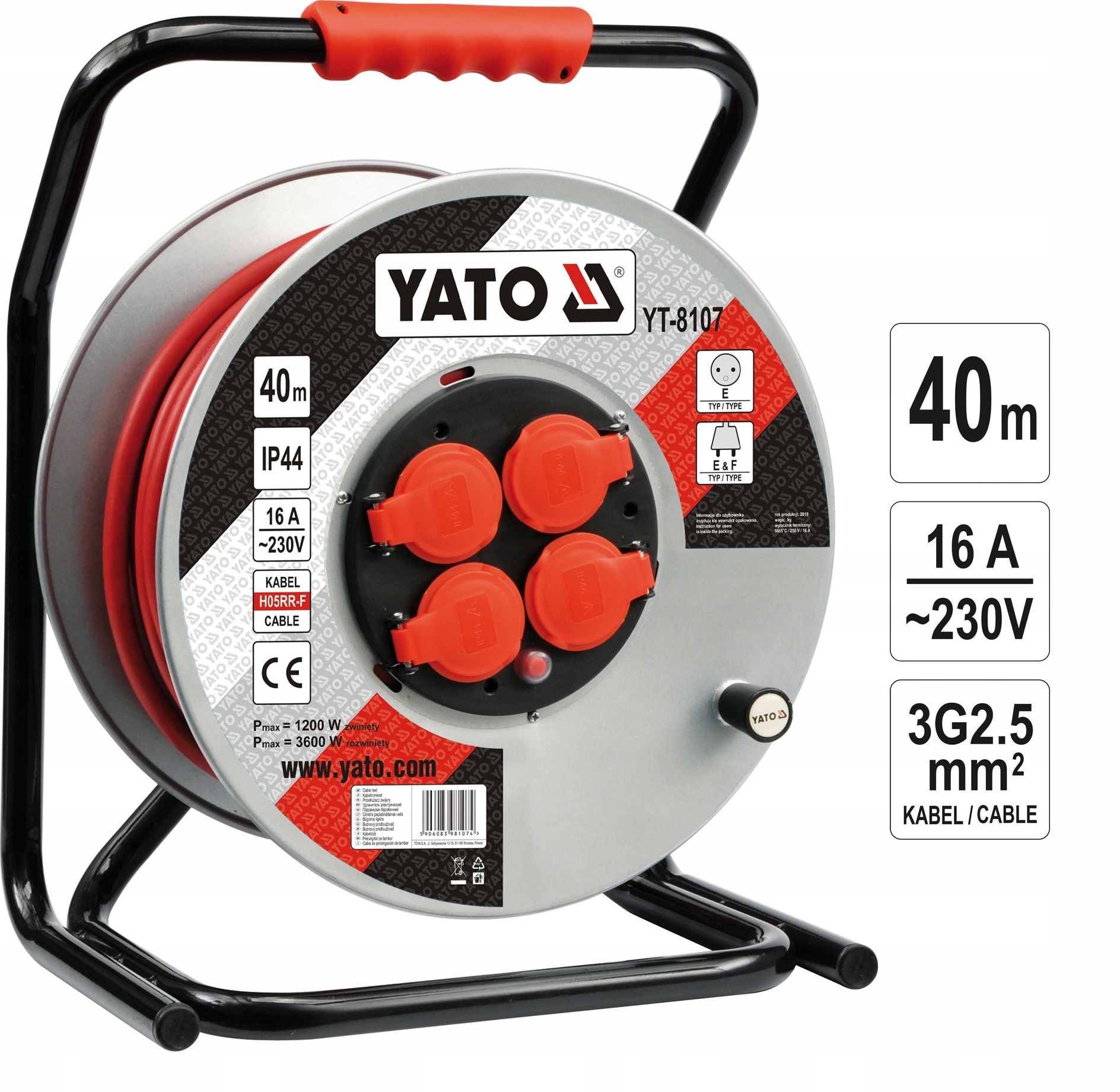 Prodlužovací Kabel Bubnový IP44 3x2,5mm2 40M Yato YT-8107