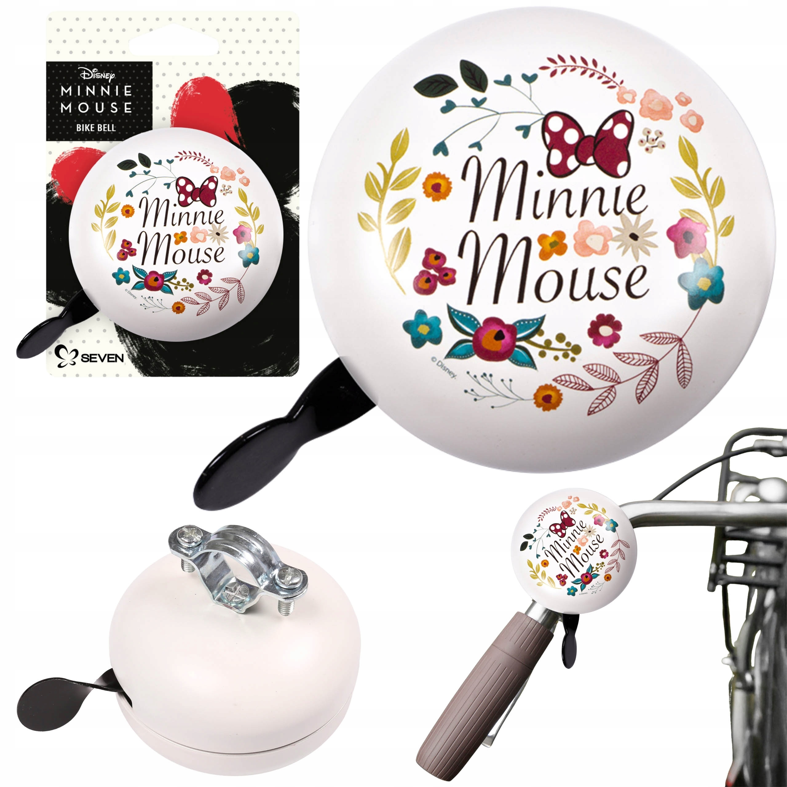 Disney Myszka Minnie Biały Metalowy dzwonek rowerowy na kierownicę Retro XL