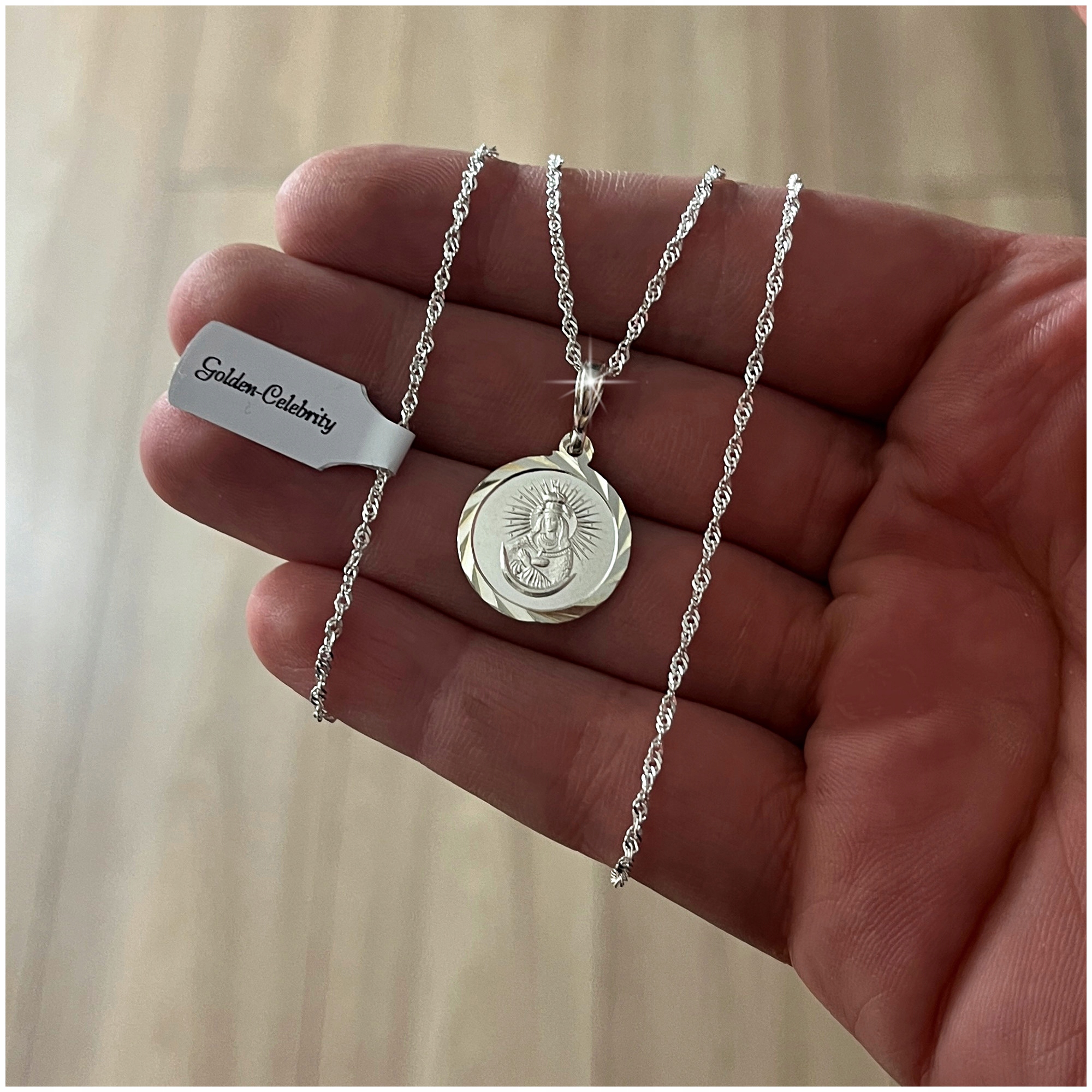 SREBRNY ŁAŃCUSZEK SINGAPUR + MEDALIK 925 MATKA BOSKA OSTROBRAMSKA + GRAWER Marka Golden Celebrity