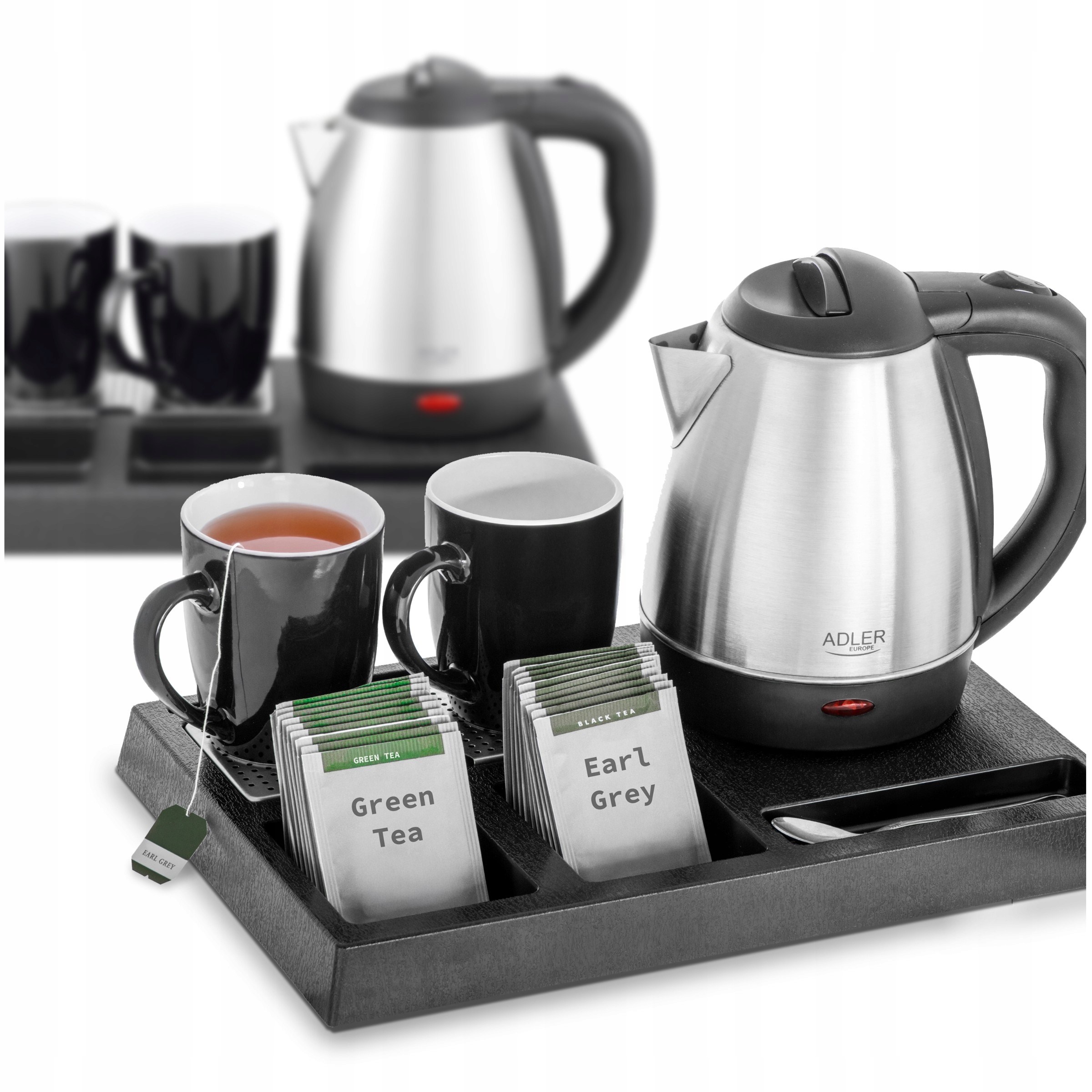 Czajnik Hotelowy Stal Nierdzewna 1.2L Taca Powitalna Kubki Przegródki