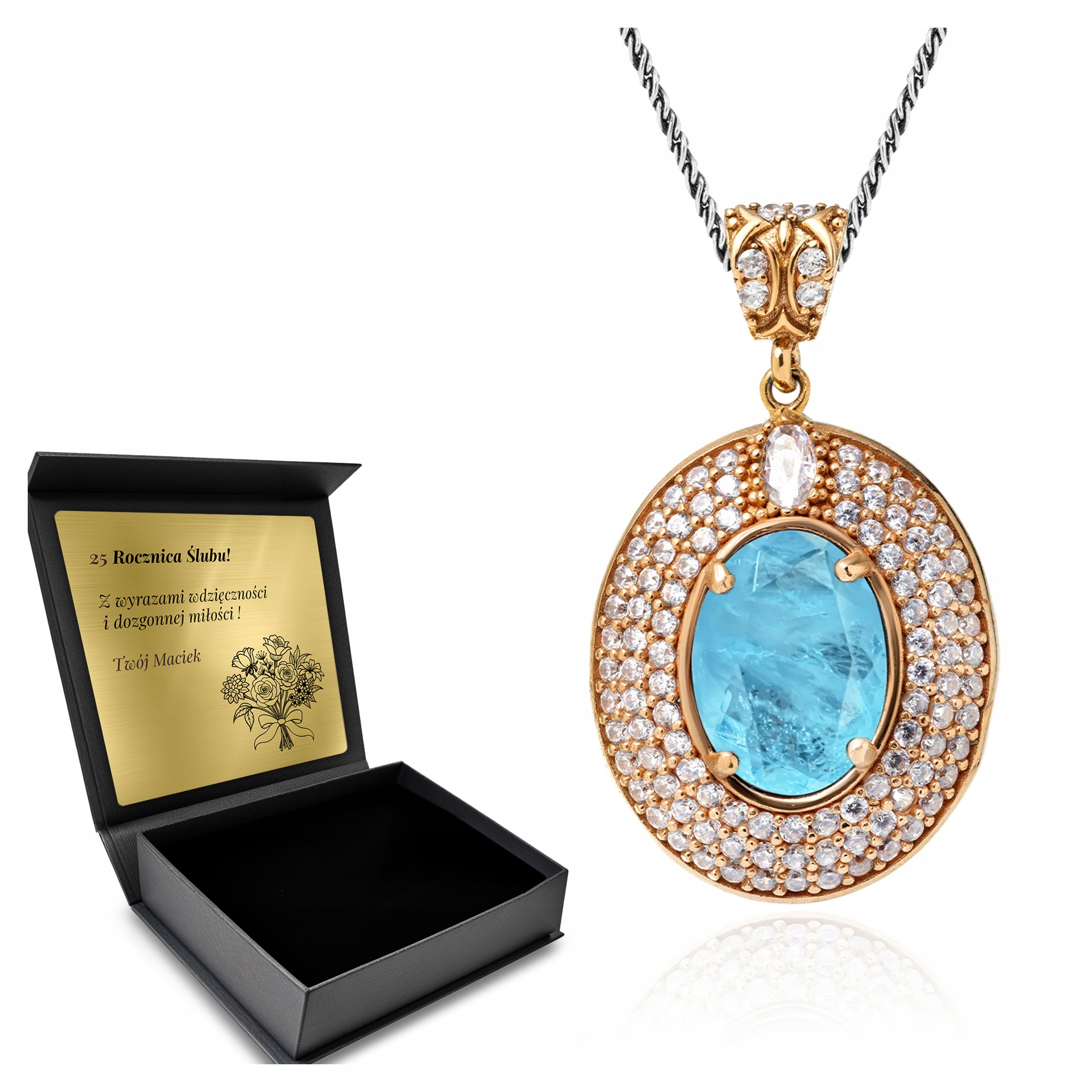 Stříbrný náhrdelník 925 s zirkony a turmalínem Paraiba Velký Gravírování Bonus