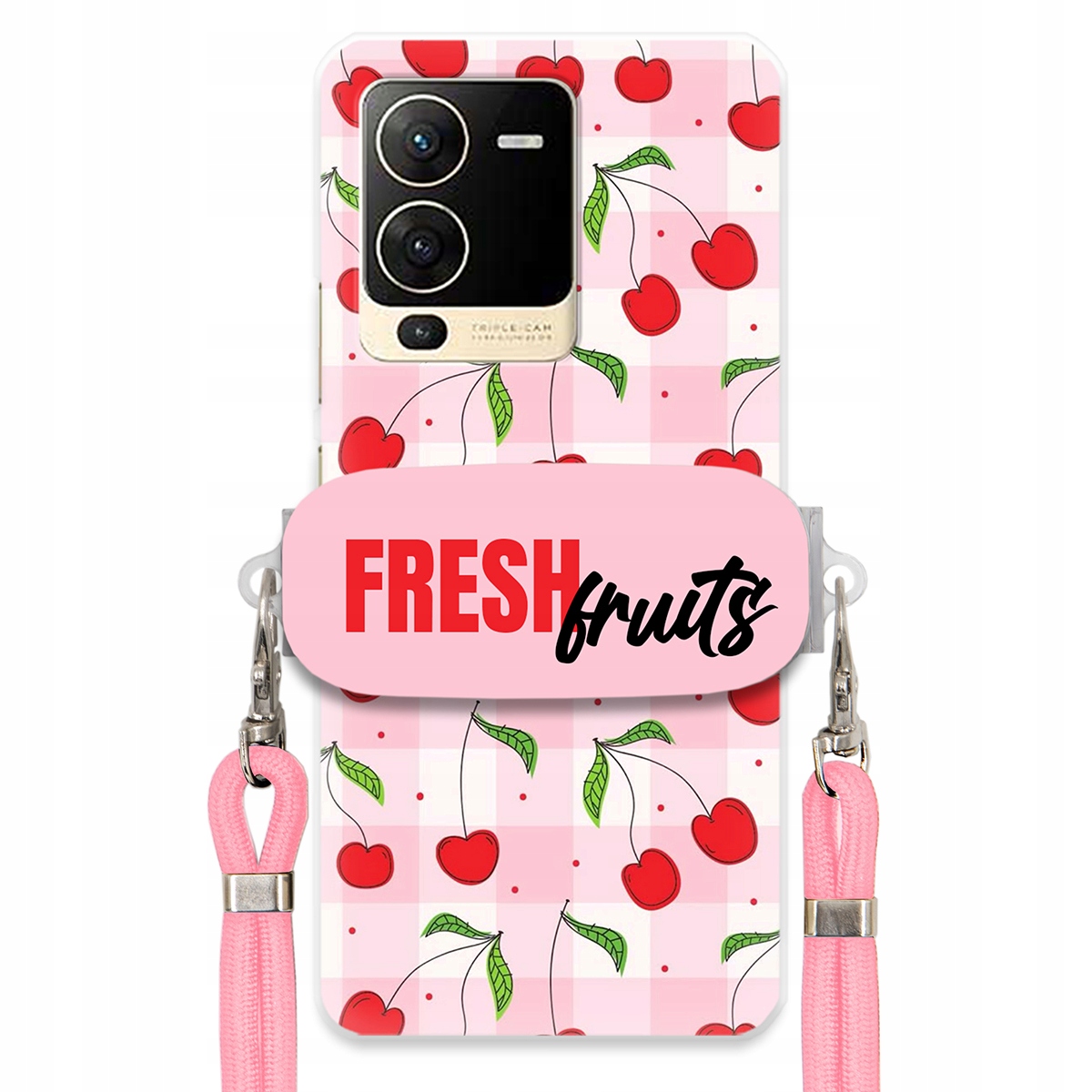 Puzdro pre Vivo S15 Case držiak na šnúrku Ružový Fresh Fruits Mriežka Ovocie