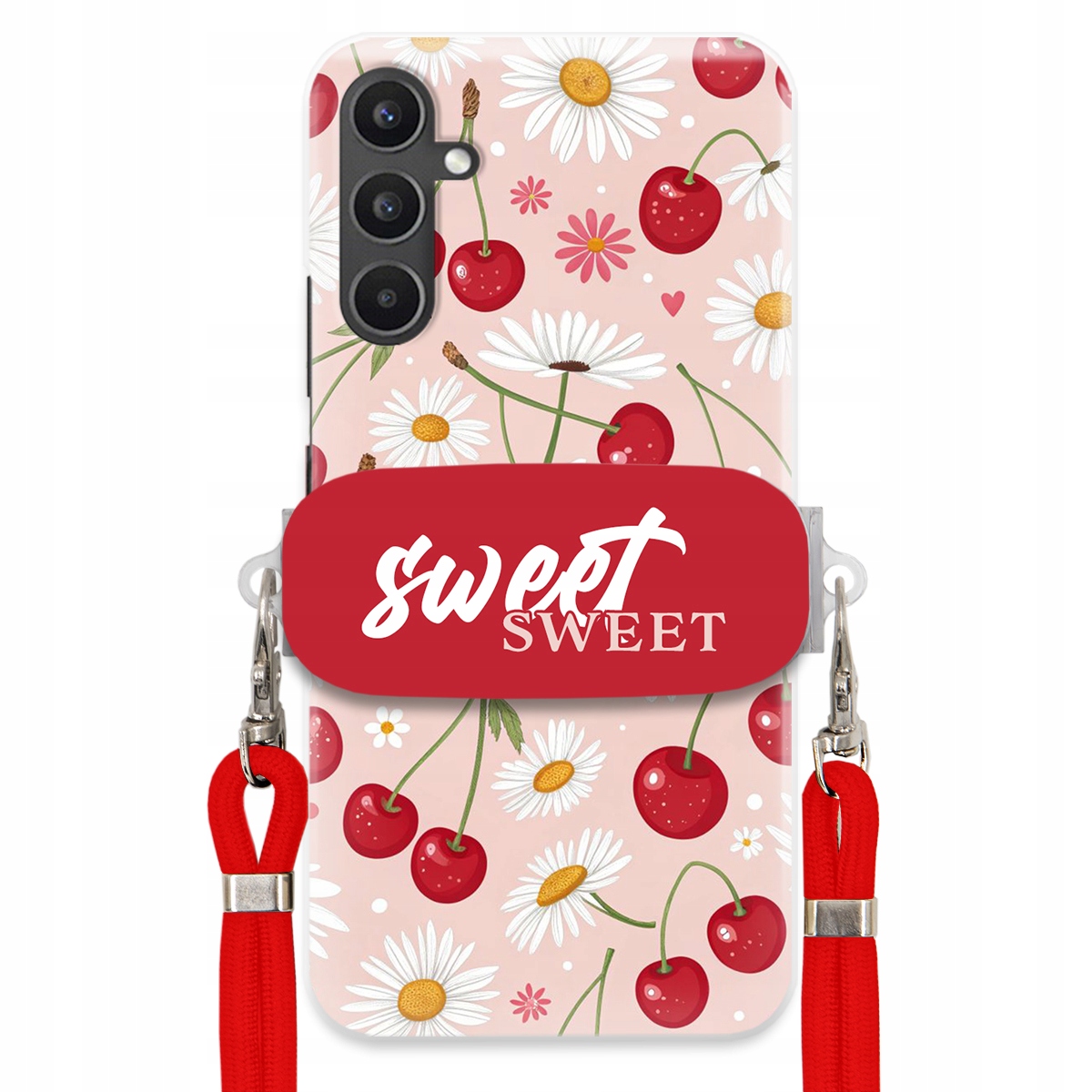 Pouzdro pro Samsung A34 5G Červené vodítko držák Crossbody Sweet Višňový Květ