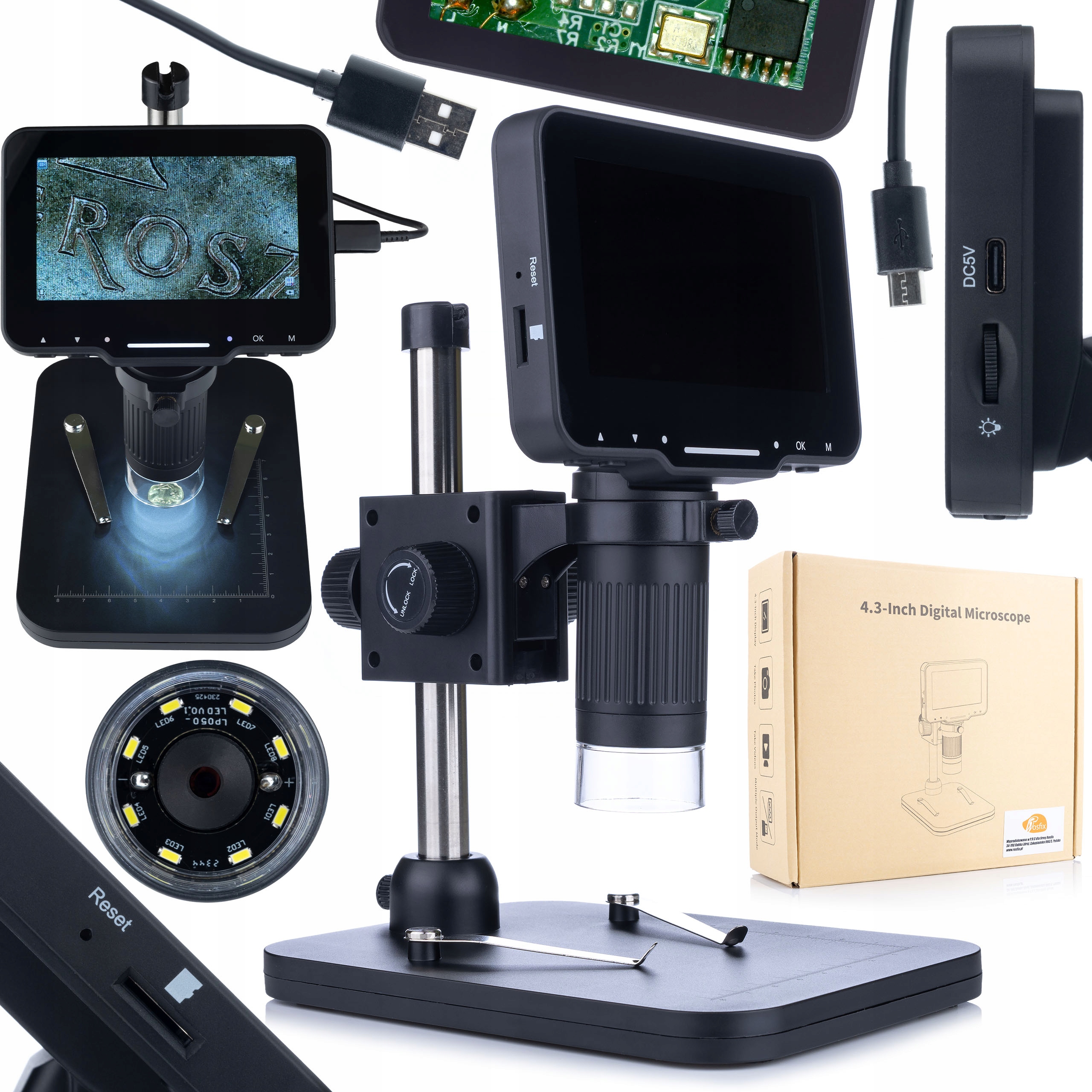 Digitální mikroskop s 4,3“ displejem 1000X Pc, pájení, klenotnictví, Pc