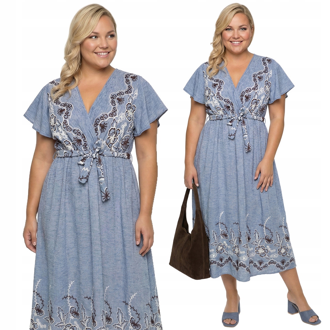 Šaty napodobující džíny s vyšívanými květy plus size velikost 52