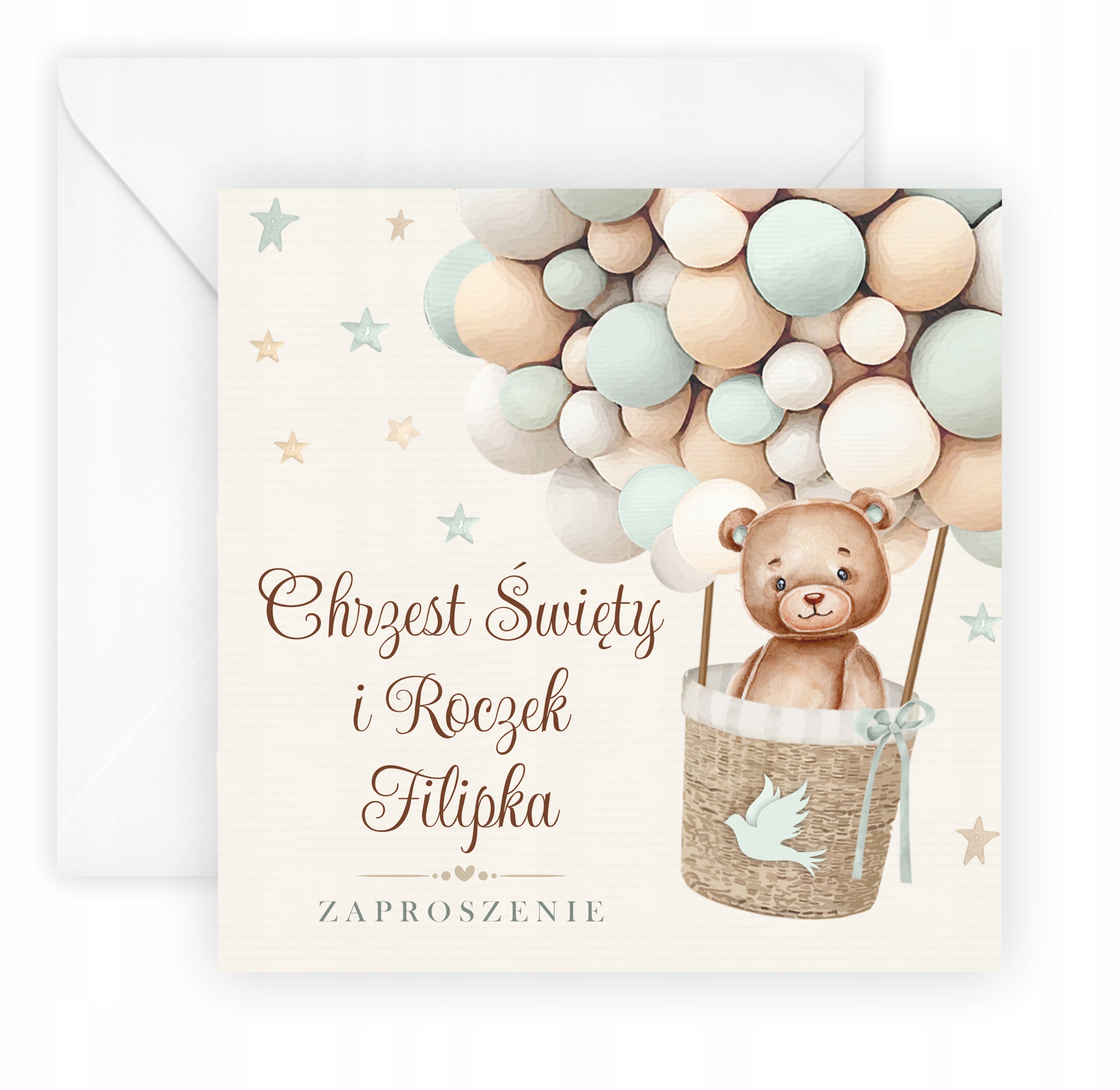 ZAPROSZENIA NA CHRZEST I ROCZEK + IMIĘ + KOPERTA Wysokość produktu 14 cm
