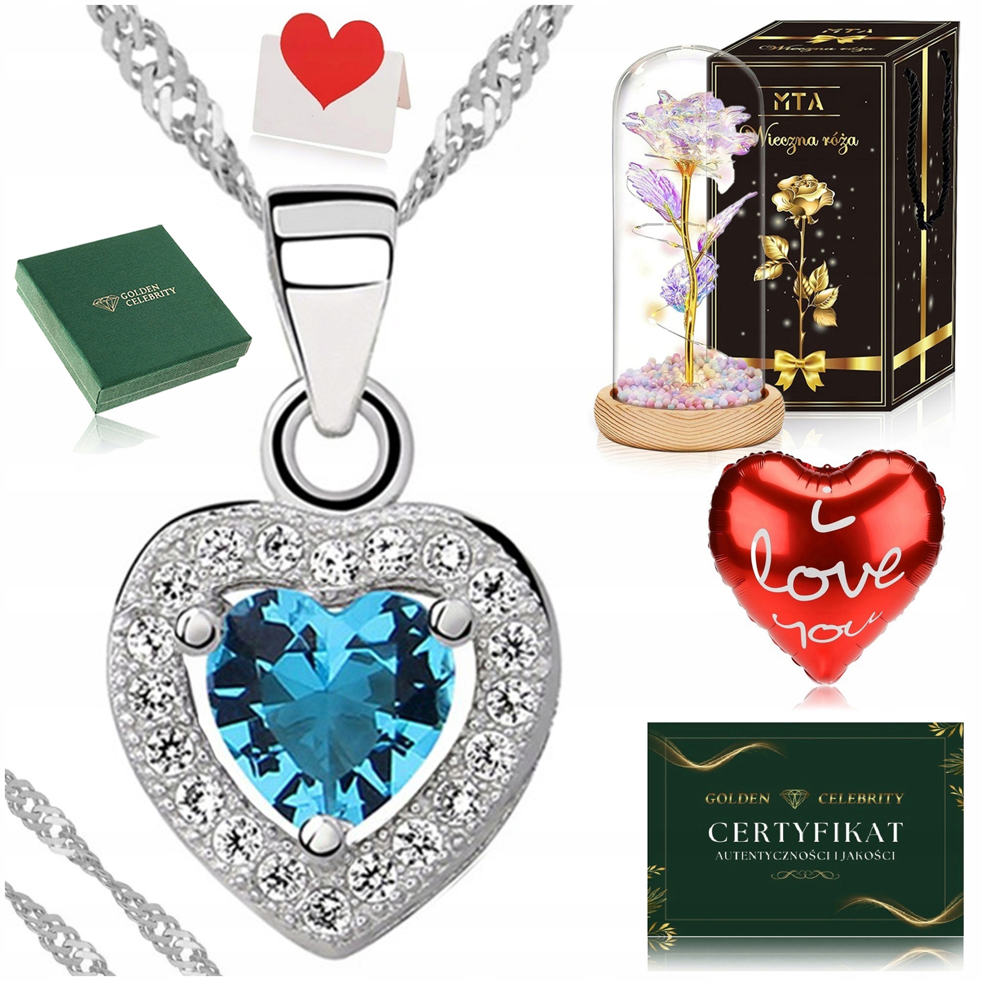 Stříbrný Dámský Náhrdelník Srdce 925/585 Řetízek Přívěsek Led Věčná Růže