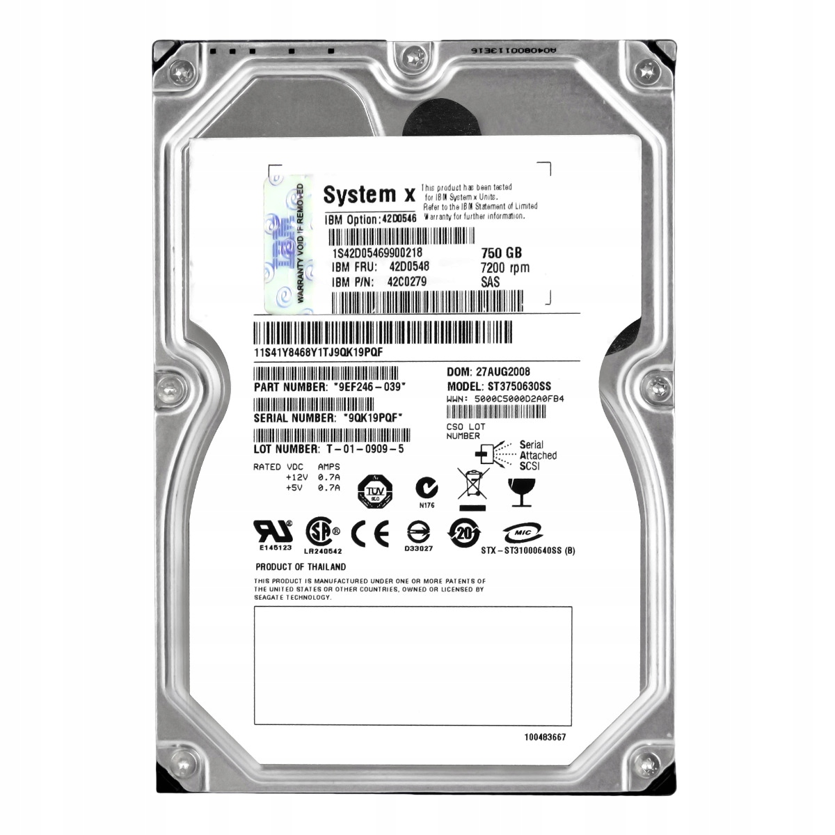 Ibm 42D0548 42C0279 750GB 7.2K 16MB Sas 3.5'' ST3750630SS