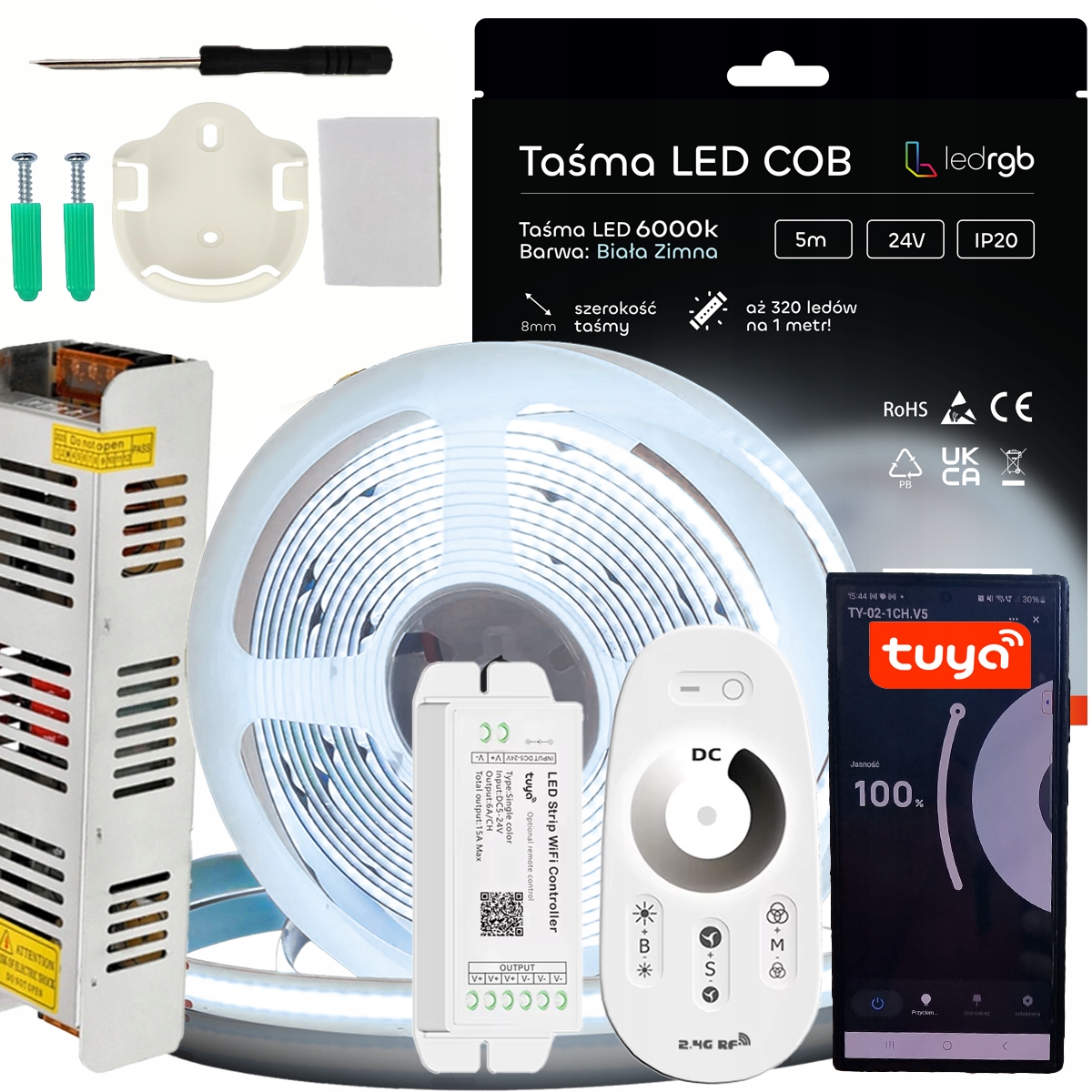 Sada Led pásků Cob 24V 5 m 6000K Bílá Zaimna Napájecí Zdroj Tuya Wifi Dálkový Ovladač Rf