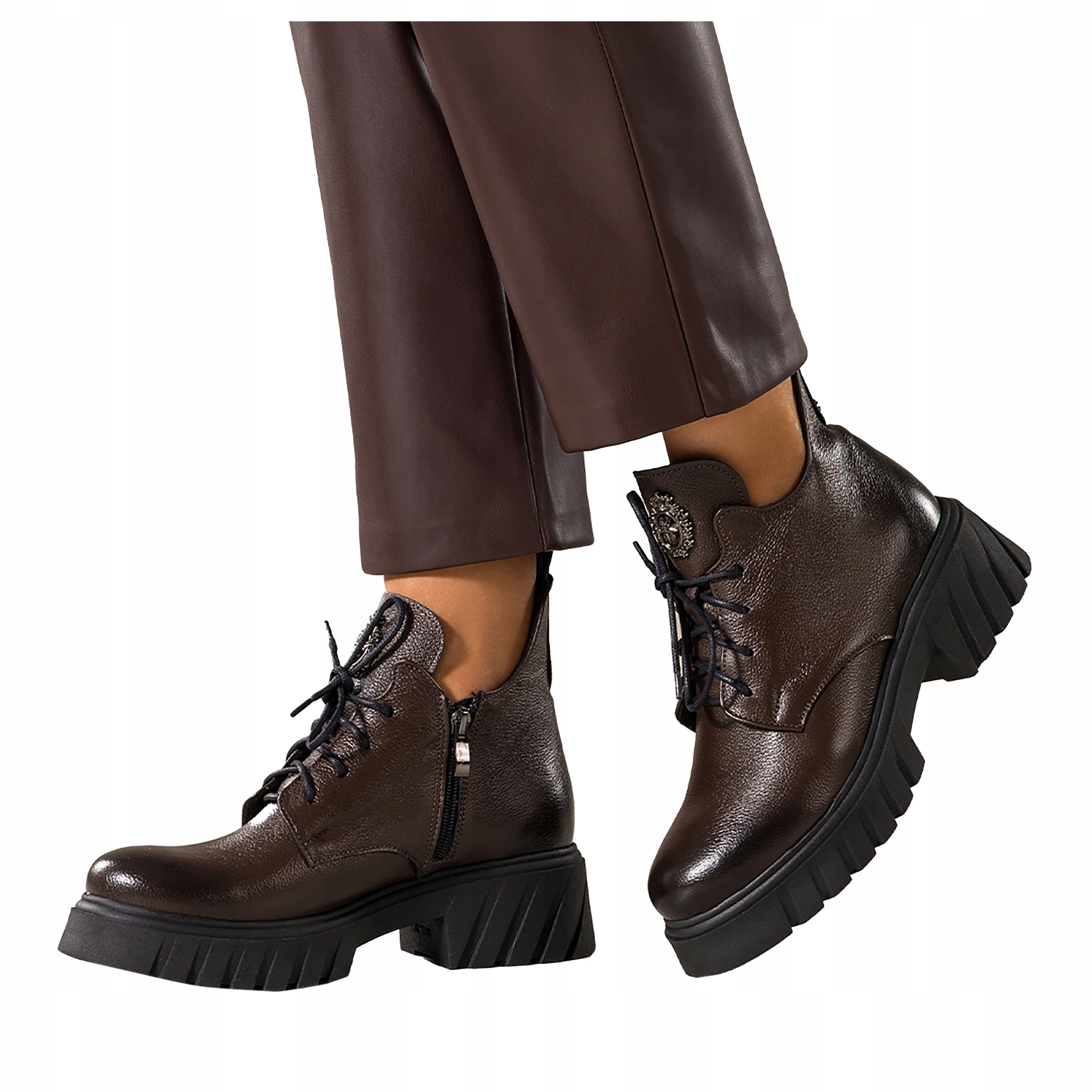 Kotníkové Boty Čokoládové Dámské Kožené Pohodlné Ozdobné Šněrovací Platforma vel. 36