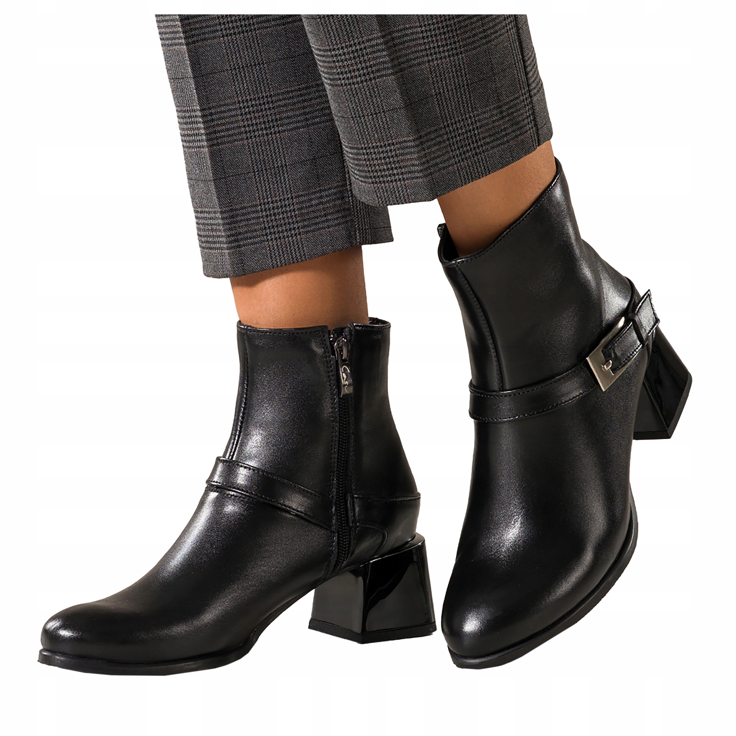 Kotníkové Boty Černé Dámské Kožené Ozdobné Klocek Pásek S přezkou Pohodlné r 39