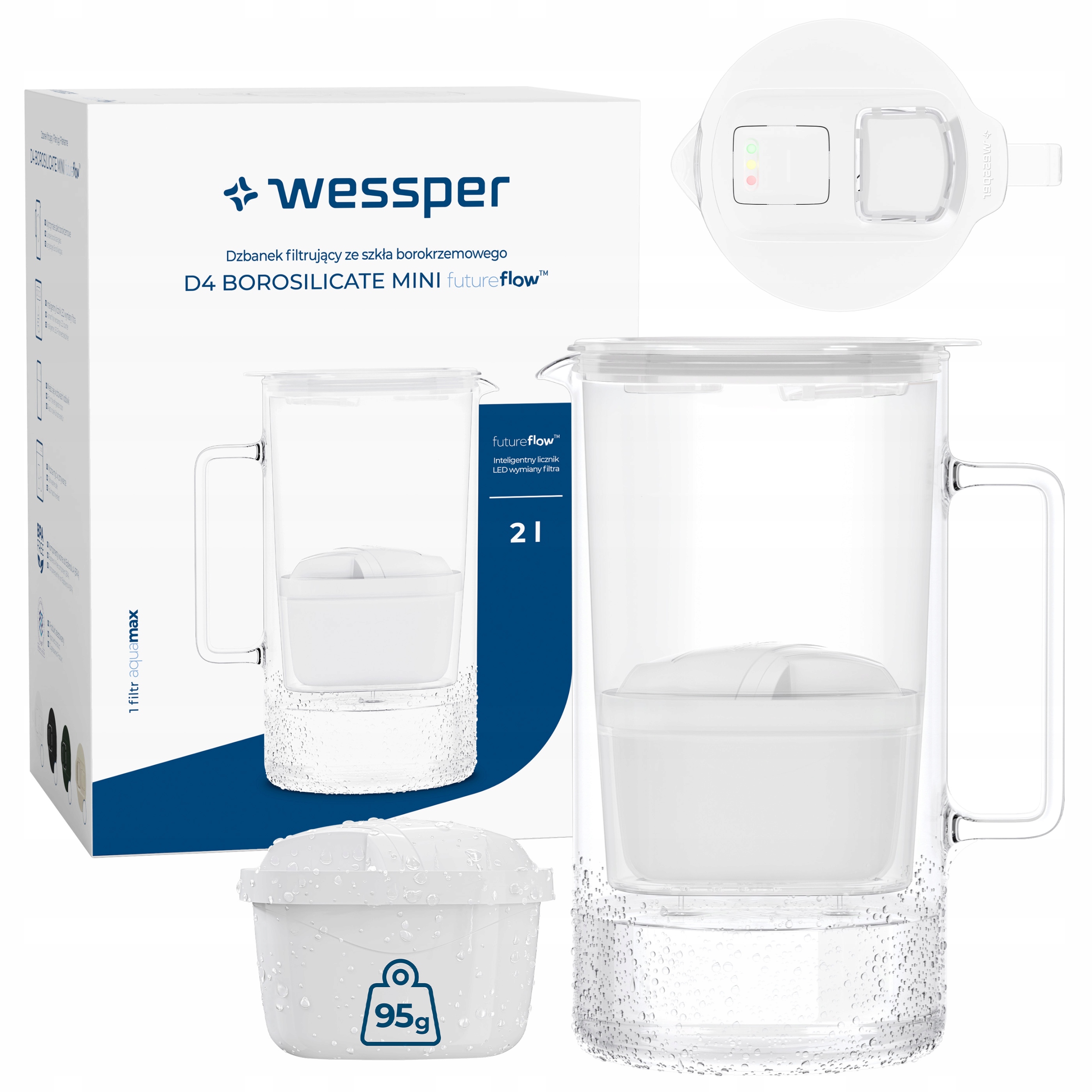 Szklany dzbanek filtrujący Wessper D4 Borosilicate Mini Led 2l 2x filtr