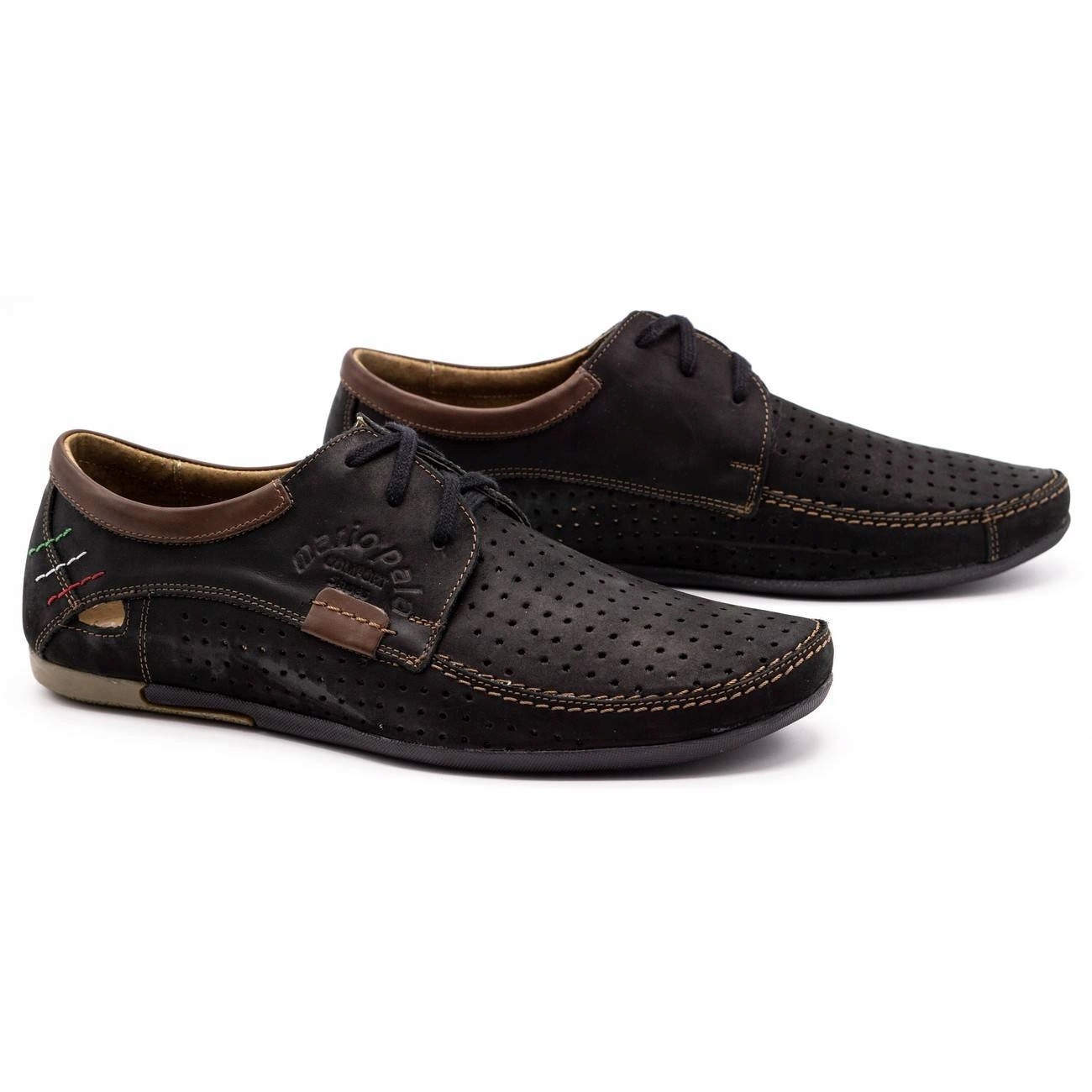 Buty męskie skórzane ażurowe na lato sznurowane POLSKIE 563 czarne 42 Rozmiar 42