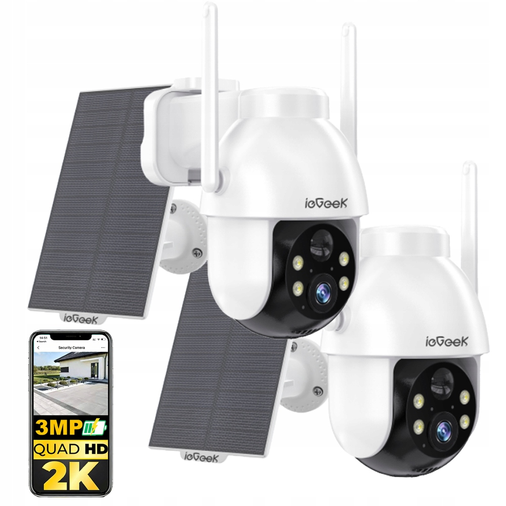 2 kusy Solární otočná kamera 3MPx venkovní bezdrátová 4x Zoom Ptz