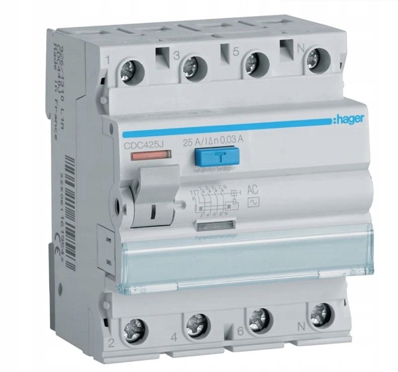 CDC425J Diferenciální proudový spínač Diferenciál 4P 25A 30mA 6kA Typ Ac Hager