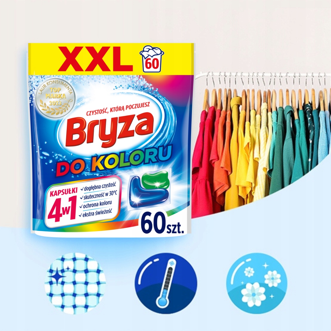 Bryza 4w1 Kapsułki do Prania Kolorów 60 szt XXL Zastosowanie do kolorów
