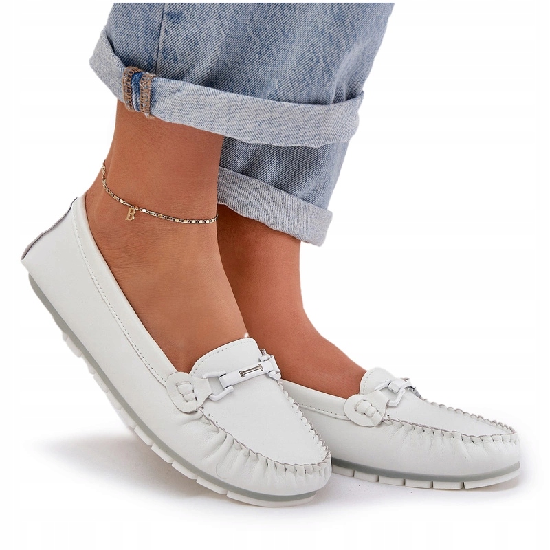 Dámské Ploché Mokasíny Z Přírodní Kůže, Ozdoba S.barski LR51-547 Bílé 36