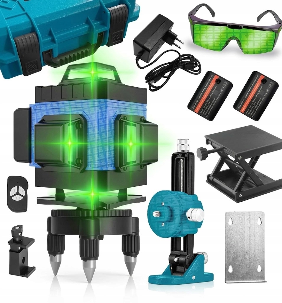 Křížový laser zelený 3D 360° 16 řádků se samonivelací, 2 akumulátory