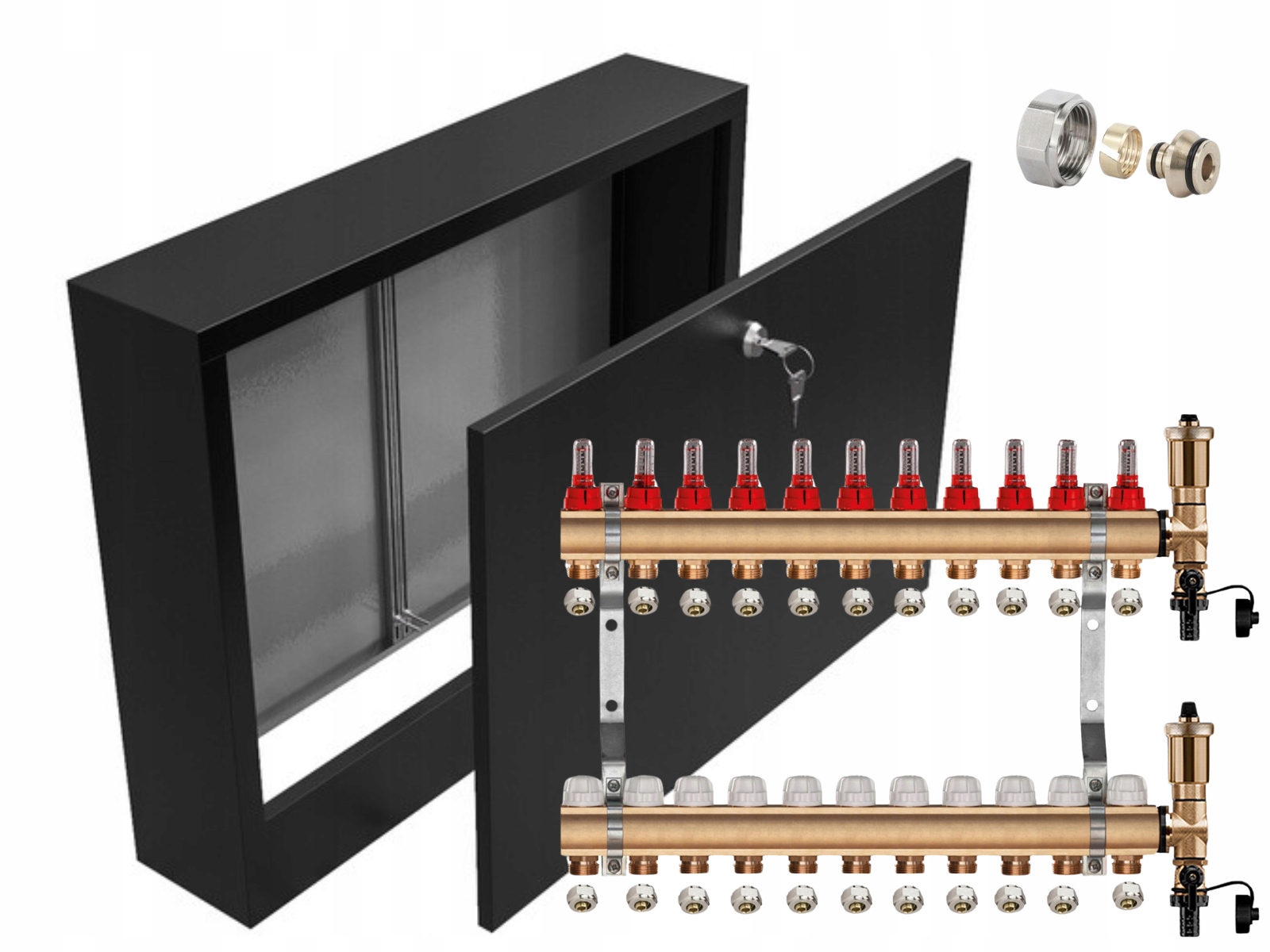 Mosazný Rozdělovač 11 Sekcí Pex Spojky Nástěnná Skříňka Černá