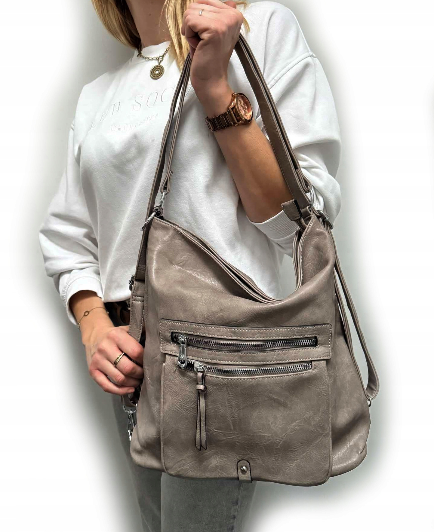 BEŻOWA torebka damska worek plecak A4 kieszenie