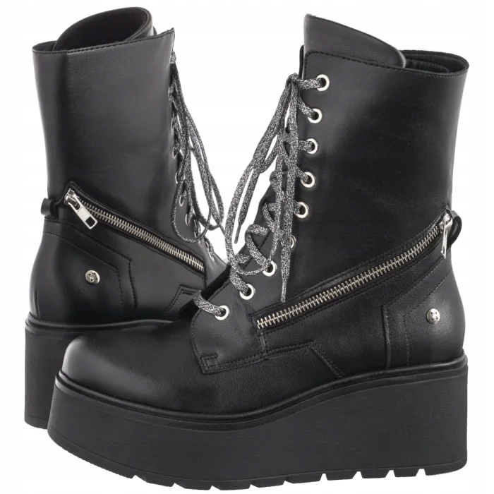 Boty Kotníkové Boty Kožené na platformě Dámské Maciejka Černé 06676-01