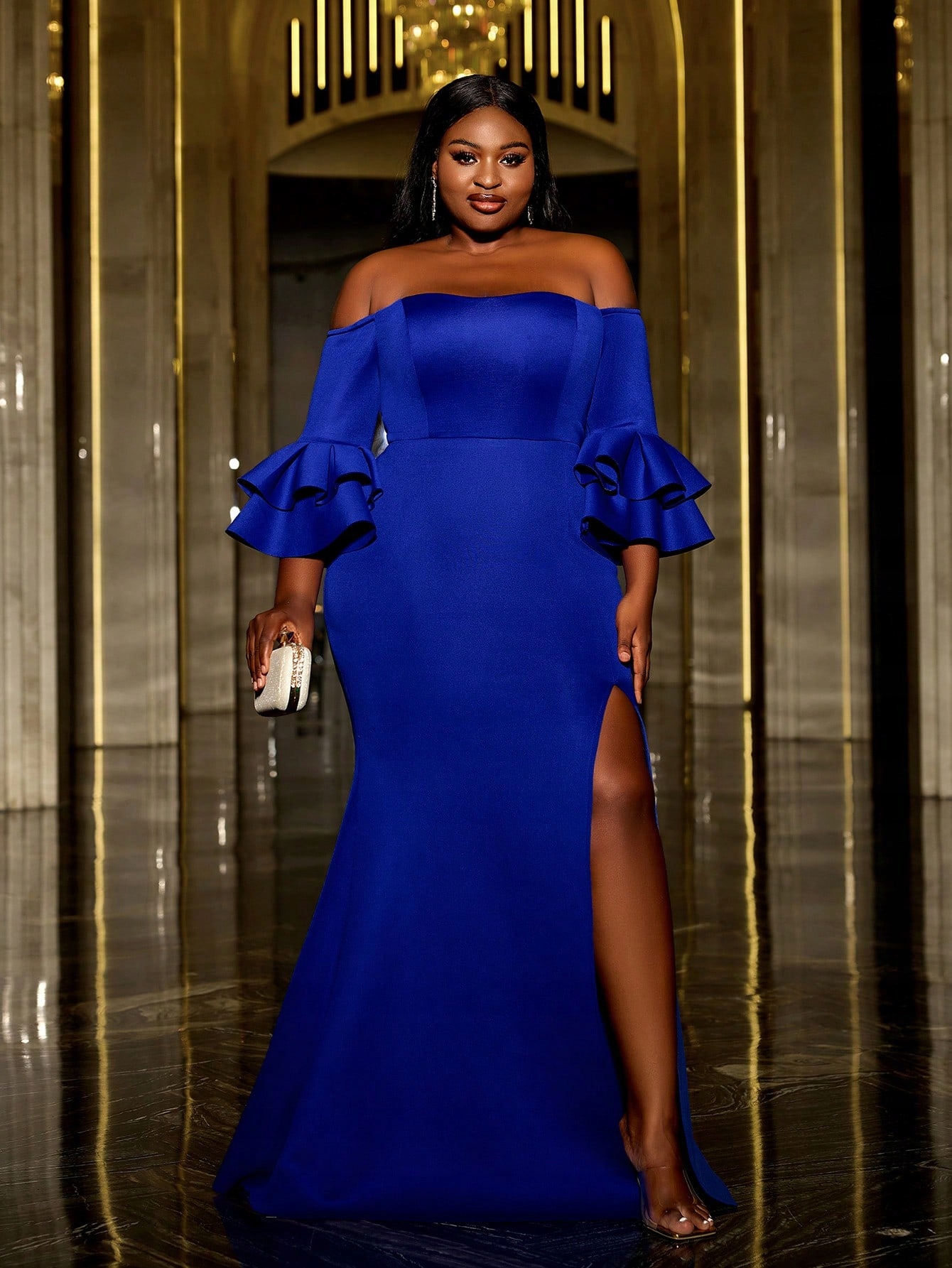 Šaty Večerní Maxi Střihu Mořská Panna S Rozšířenými Rukávy Faeriesty 4XL 48