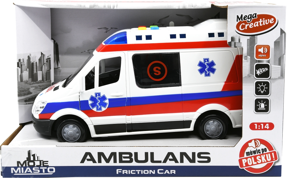 POGOTOWIE KARETKA AMBULANS MÓWI PO POLSKU ŚWIECI Materiał Plastik