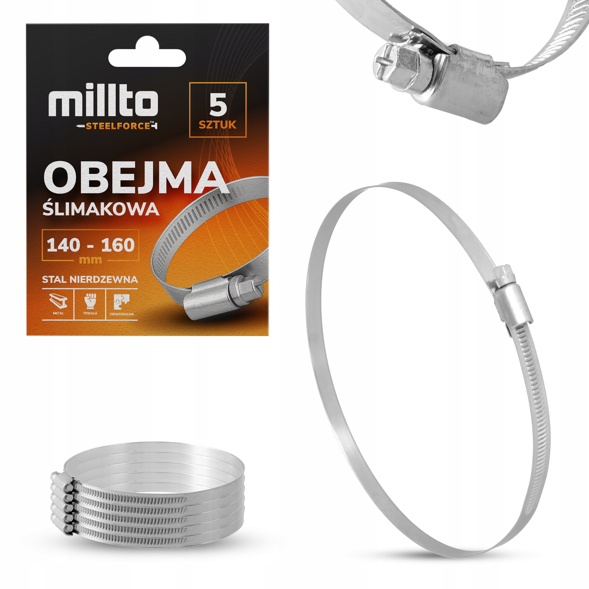 5x Opaska Zaciskowa Metalowa 140-160 Cybant Obejma Ślimakowa Skręcana Nq-m