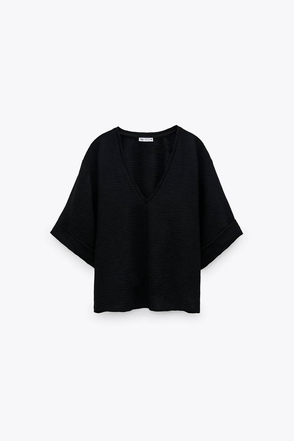 

Bluzka Zara Textured Top luźny czarny dekolt r. M