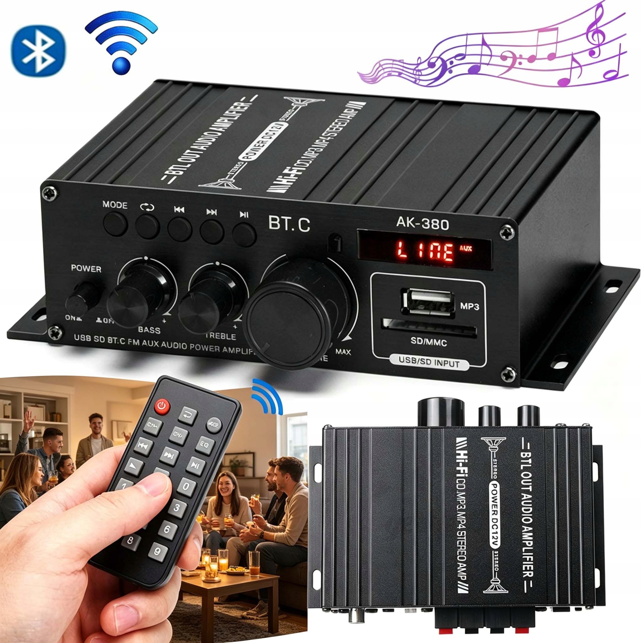 Zesilovač Hifi Stereo Bluetooth 40W 12V Usb Fm Dálkové Ovládání Dárek