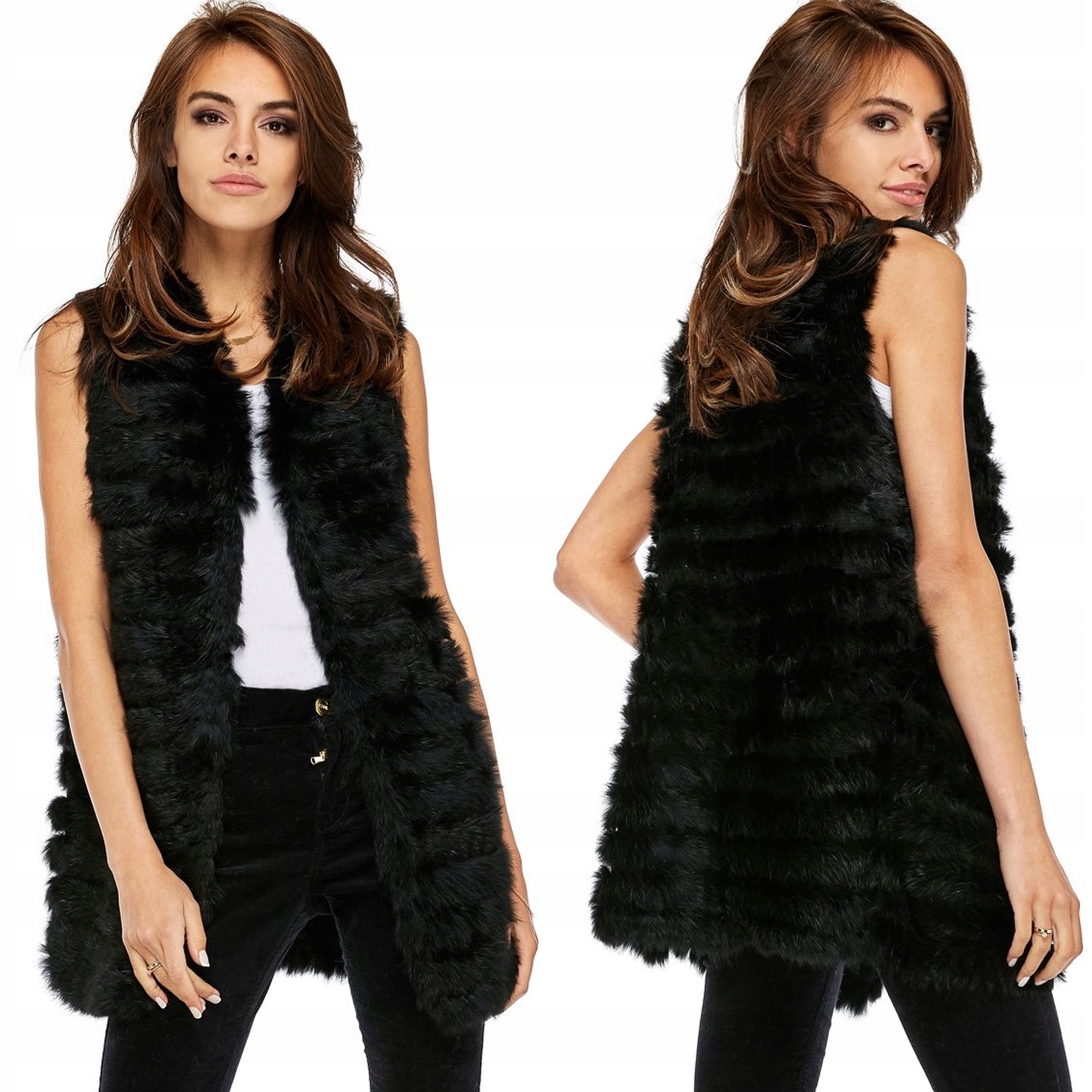 Dámská vesta dlouhá teplá z pravé kožešiny přírodní kožešina černá