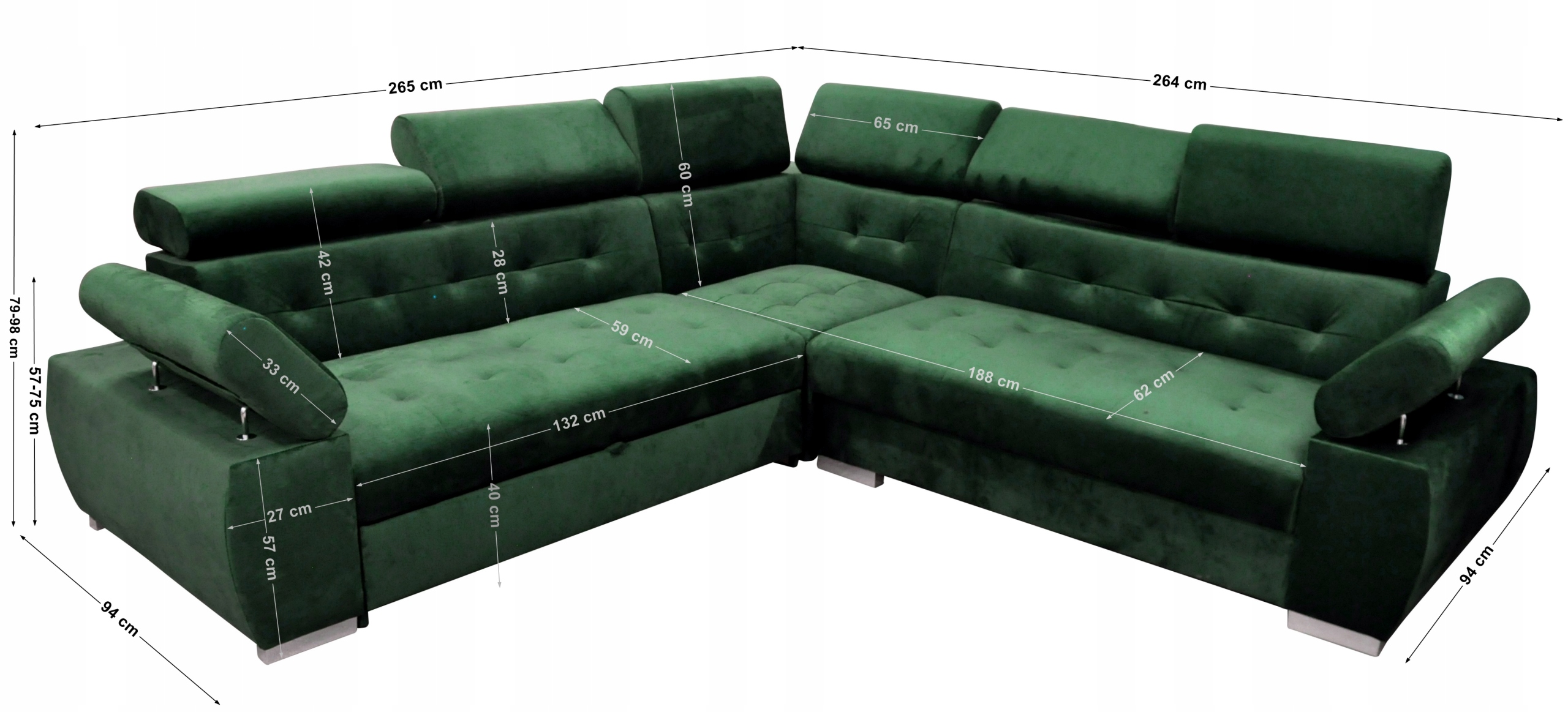 NAROŻNIK ASLAN 1 RUCHOME ZAGŁÓWKI F.SPANIA Głębokość mebla 264 cm