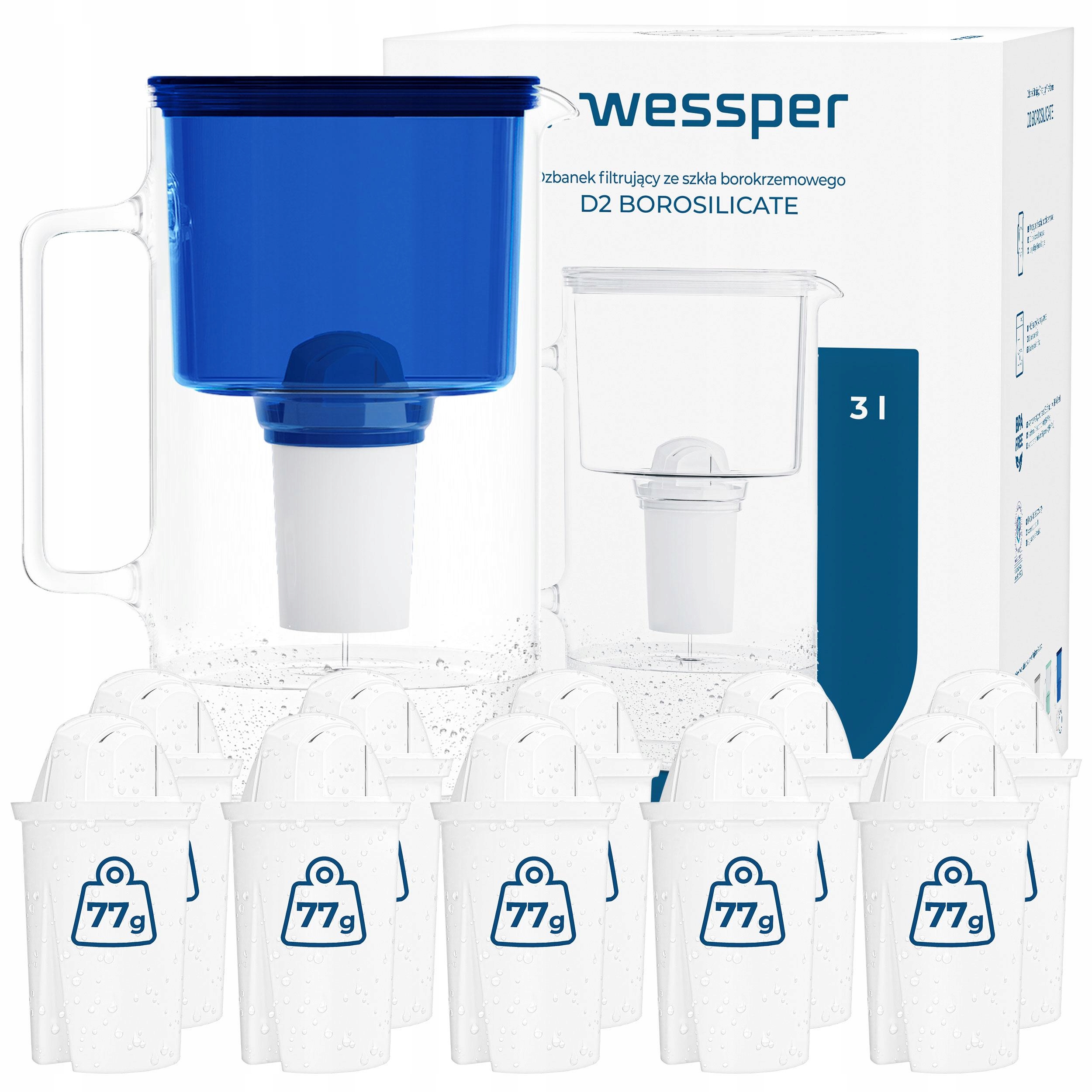 Dzbanek filtrujący szklany Wessper D2 Borosilicate 3l niebieski 11x filtr