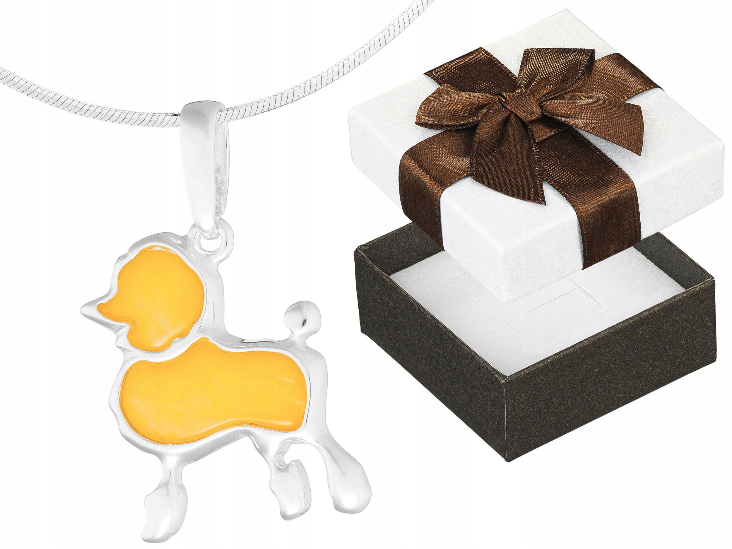 Krátký Stříbrný Dámský Náhrdelník Poodle s Mléčným Jantarem Pes Choker 40